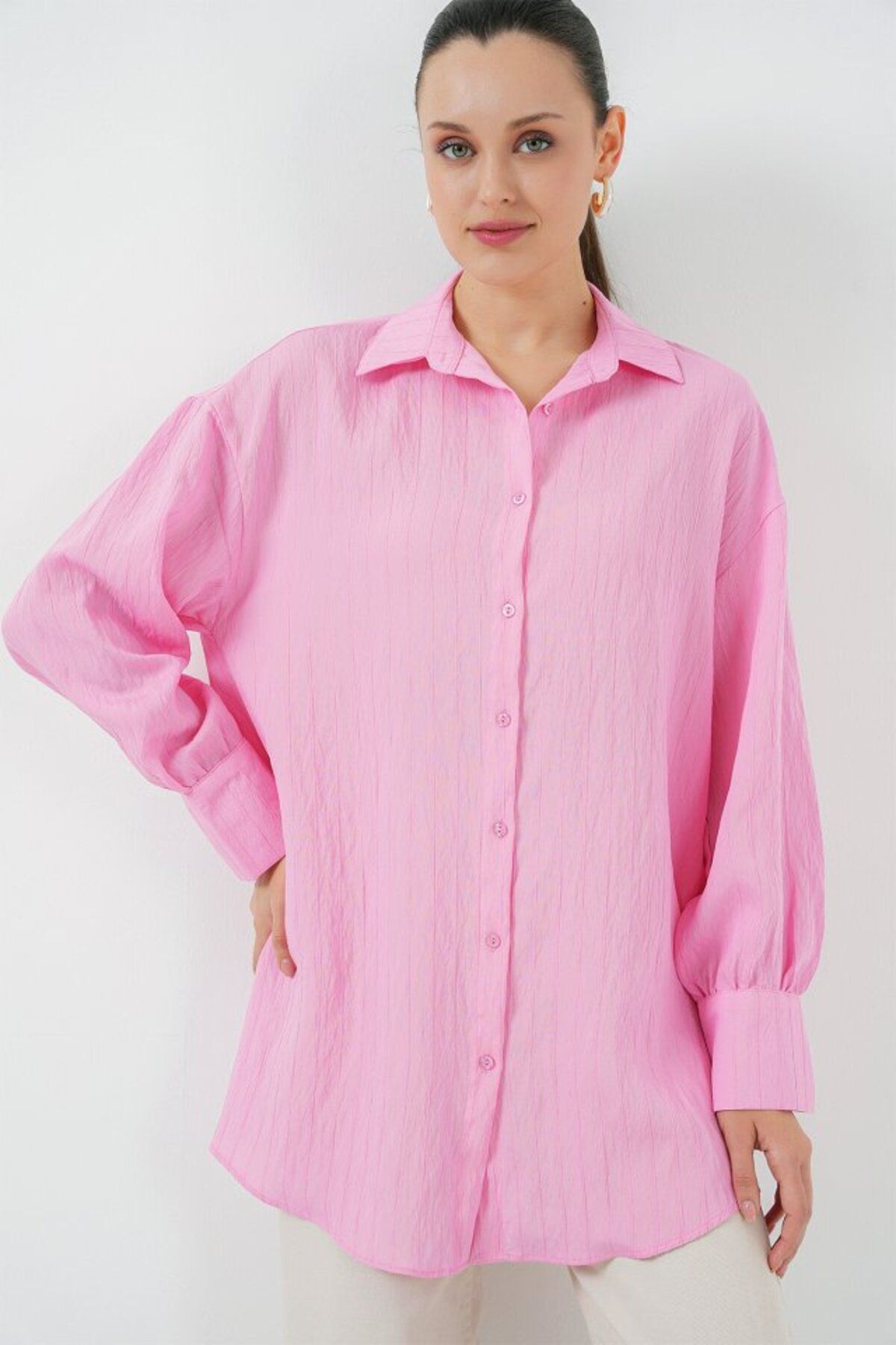 ARUZ MODA Çizgili Uzun Gömlek Tunik 5963 - Pembe