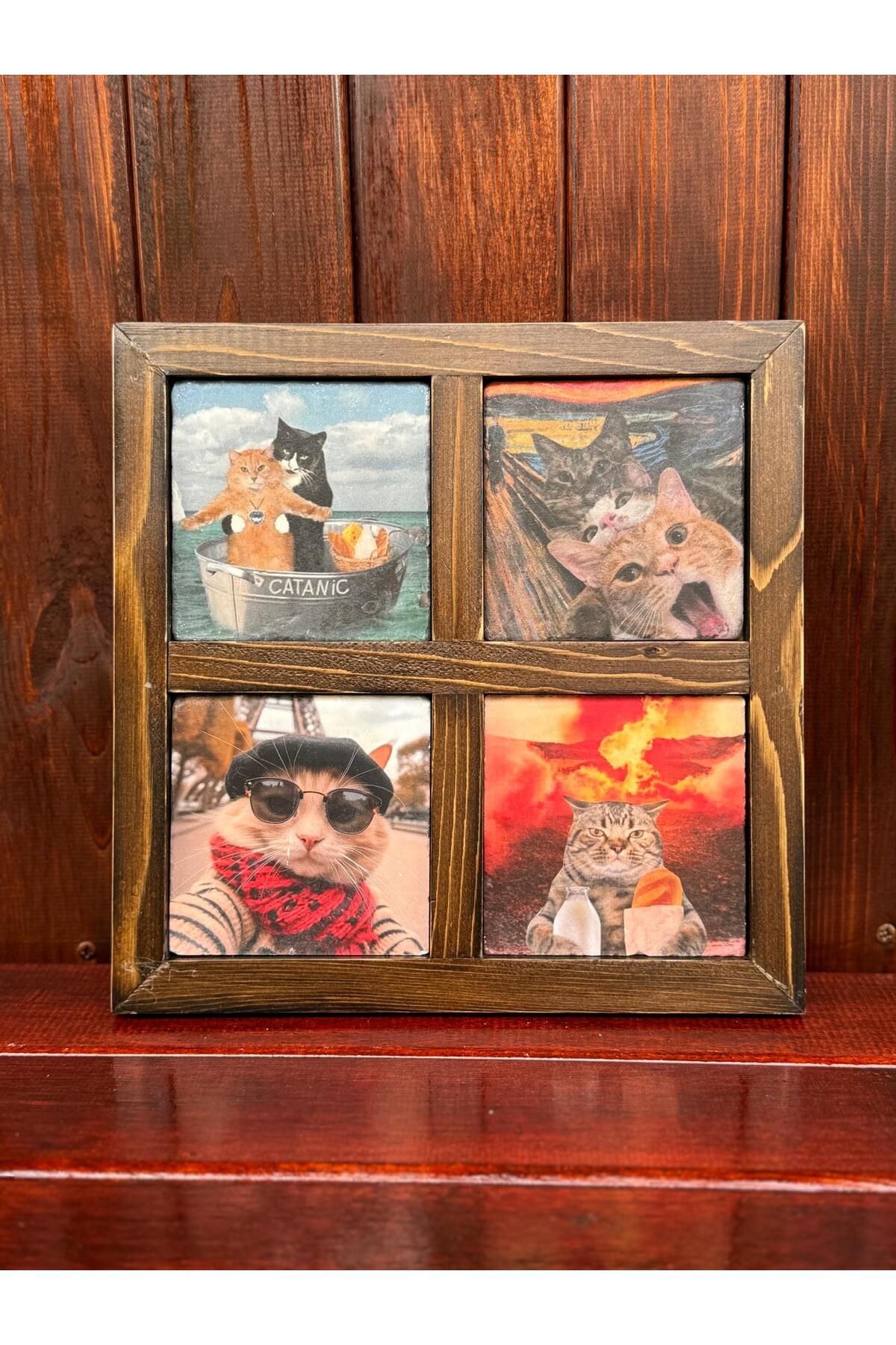 Butik Doğal Ahşap Çerçeveli UV Baskılı Taş Çerçeve 26x26 cm (Kedi Desen)