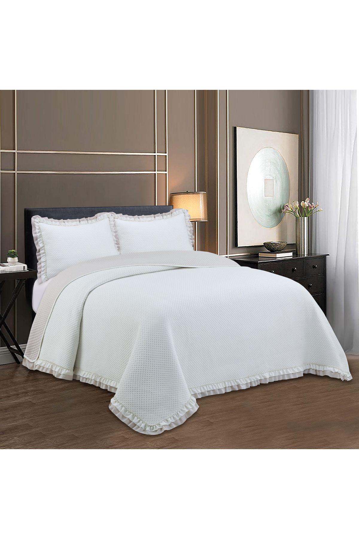 Sivalde Rüya Washed Fırfırlı Çift Kişilik Krem Yatak Örtüsü Takımı