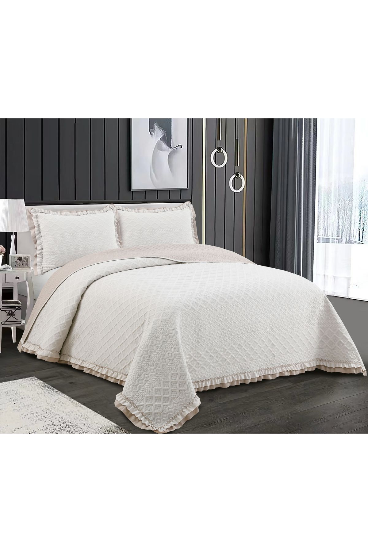 Sivalde Hazel Washed Fırfırlı Çift Kişilik Bej Yatak Örtüsü Takımı
