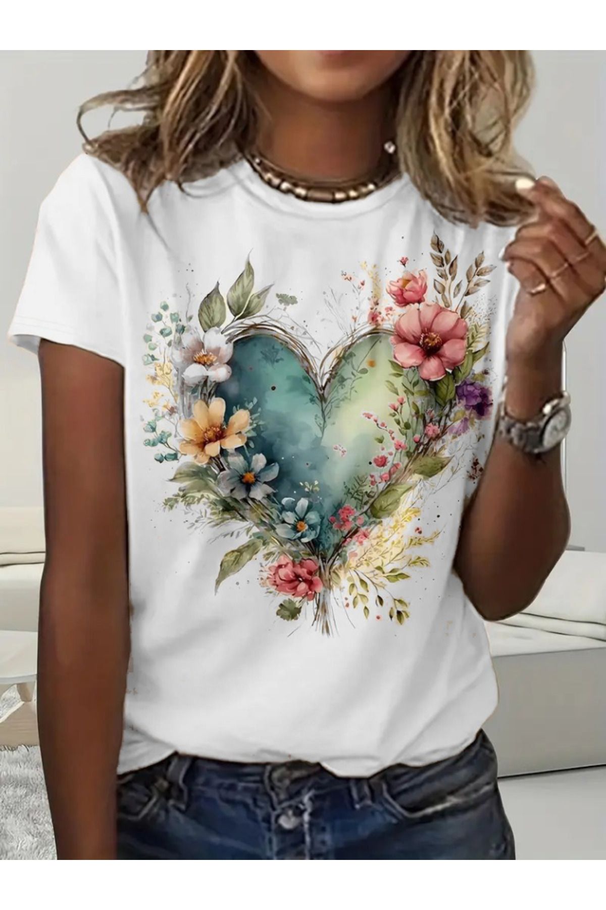 ARUZ MODA Kadın Kısa Kollu Bisiklet Yaka Kalp Desenli Süprem Bluz