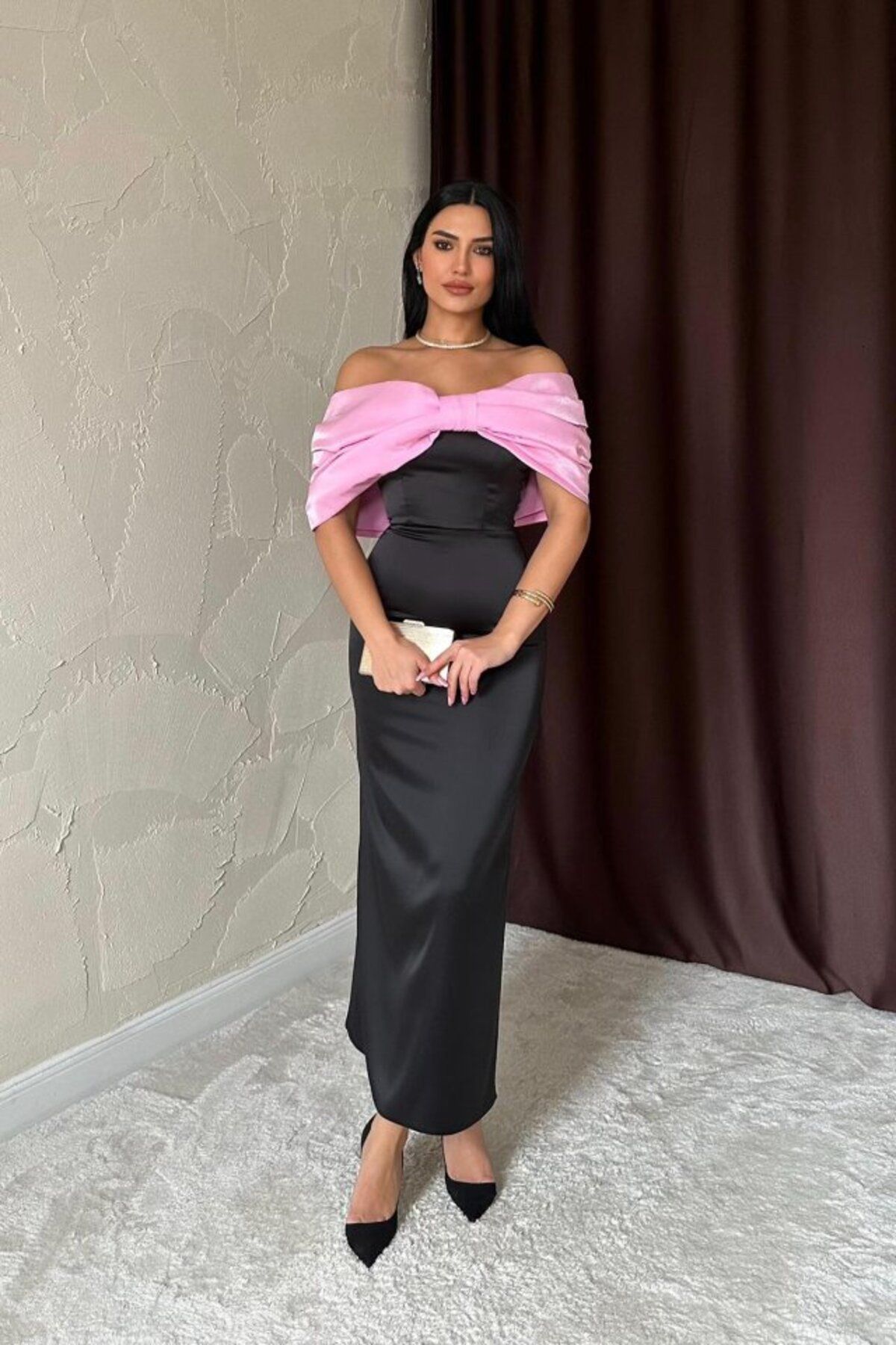 ARUZ MODA Pembe Önü Fiyonklu Elbise