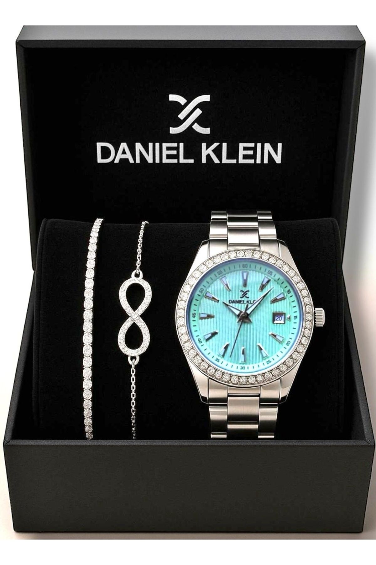 Daniel Klein Kadın Çelik Saat Hediye Seti – Turkuaz Kadran Saat & 2’li Taşlı Bileklik- Kutusunda