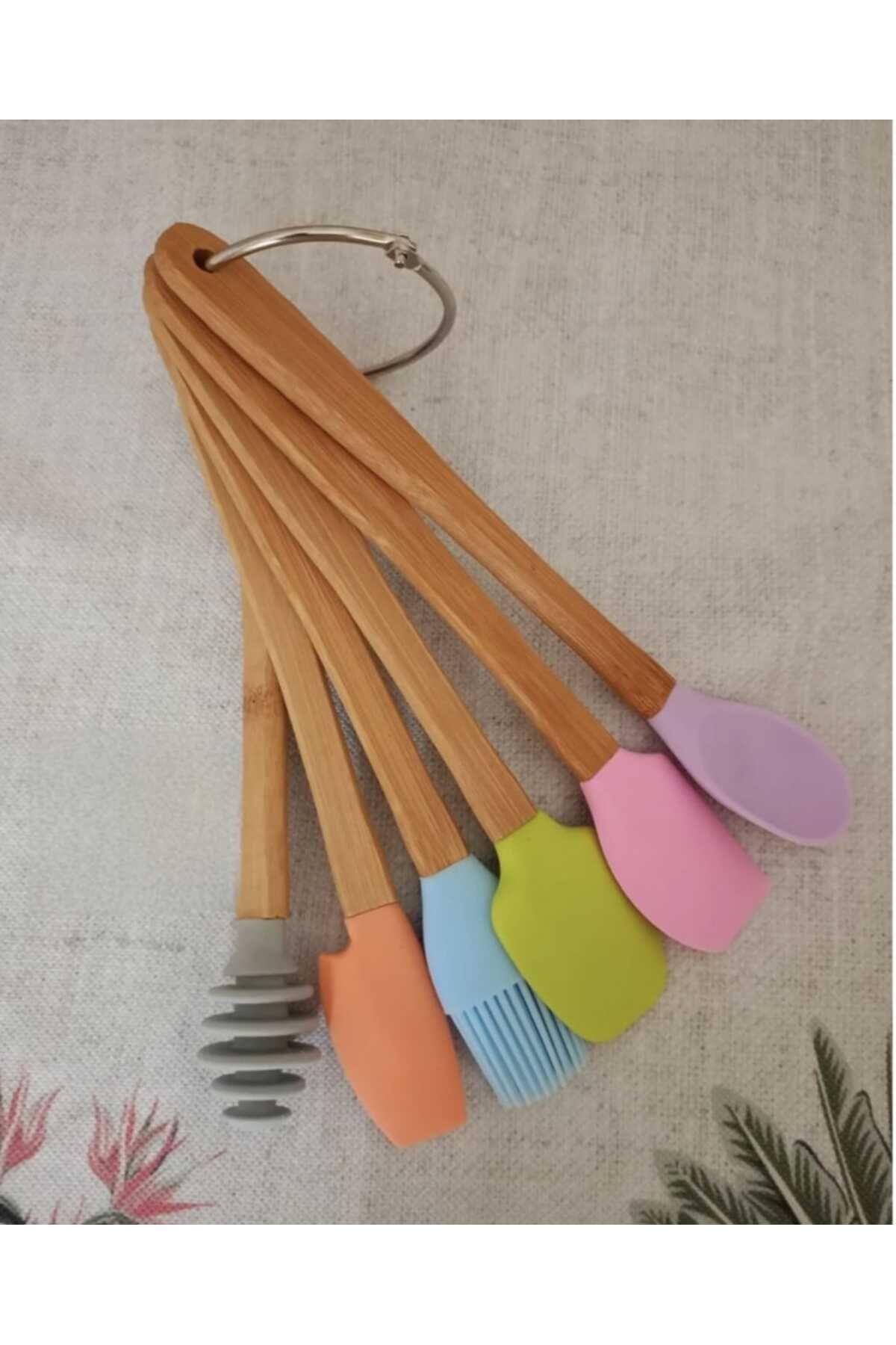 Gülün Dükkanı Bambu Saplı 5 Parça Mini Silikon Spatula Kaşık Fırça Seti