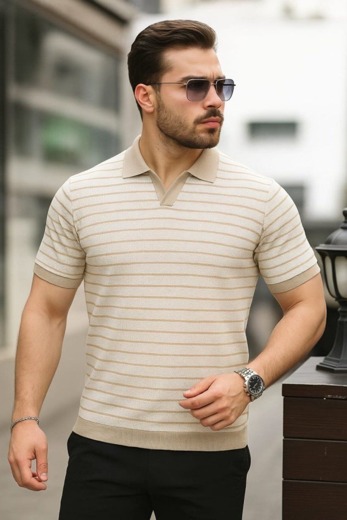ARUZ MODA Erkek Kısa Kollu çizgi Desenli örme Kumaş Tshirt
