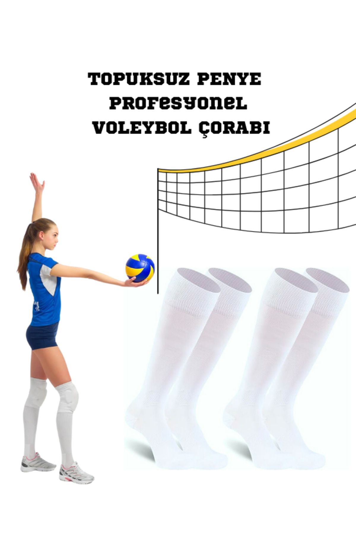 Bellanora 2 Çift Air Pro Performance Voleybol Çorabı - Uzun Konçlu -Terletmez-Kaymaz-Beyaz -Topuksuz- S-502