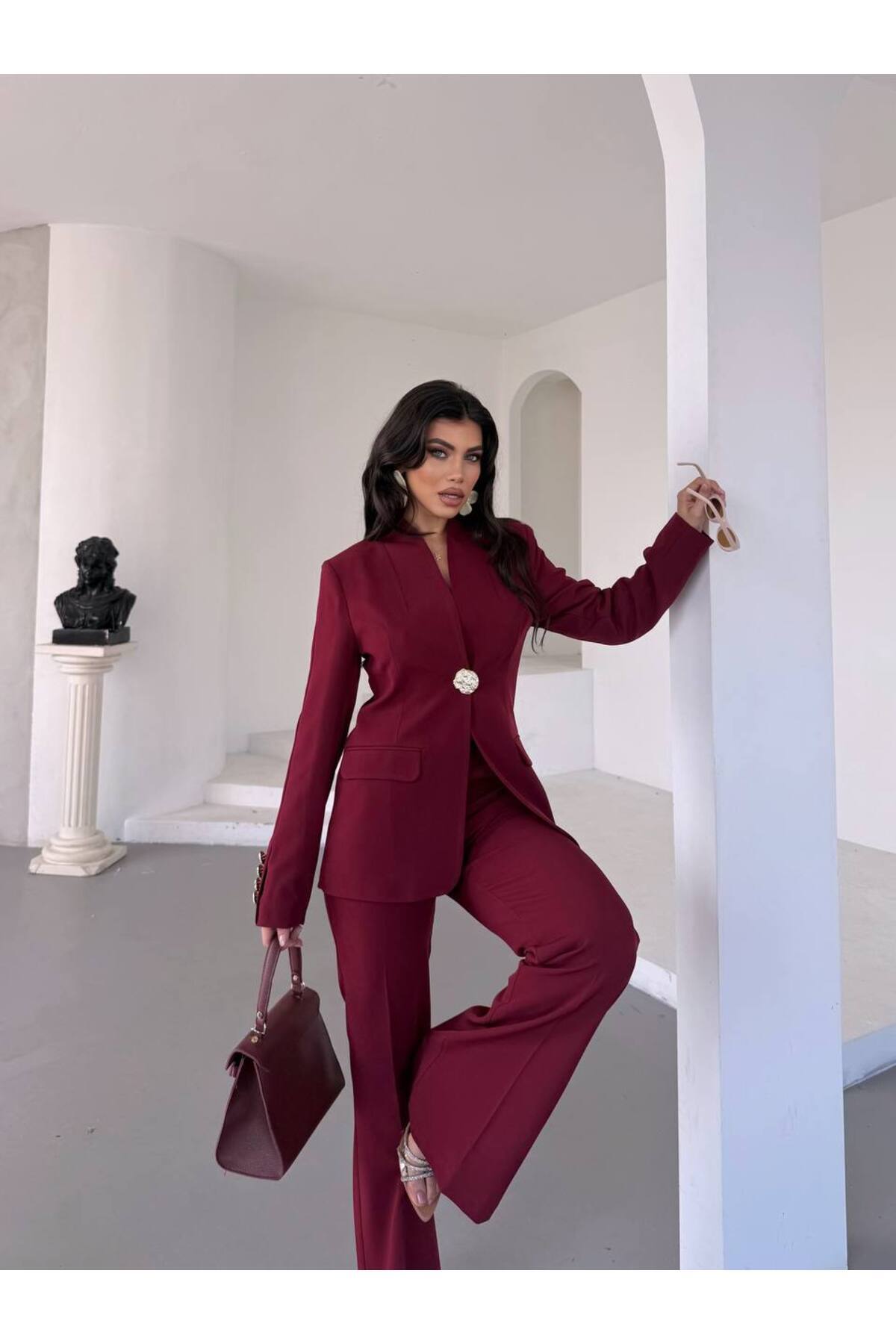 Kadın Blazer Ceket Pantolon Takım Tek Düğmeli Bordo