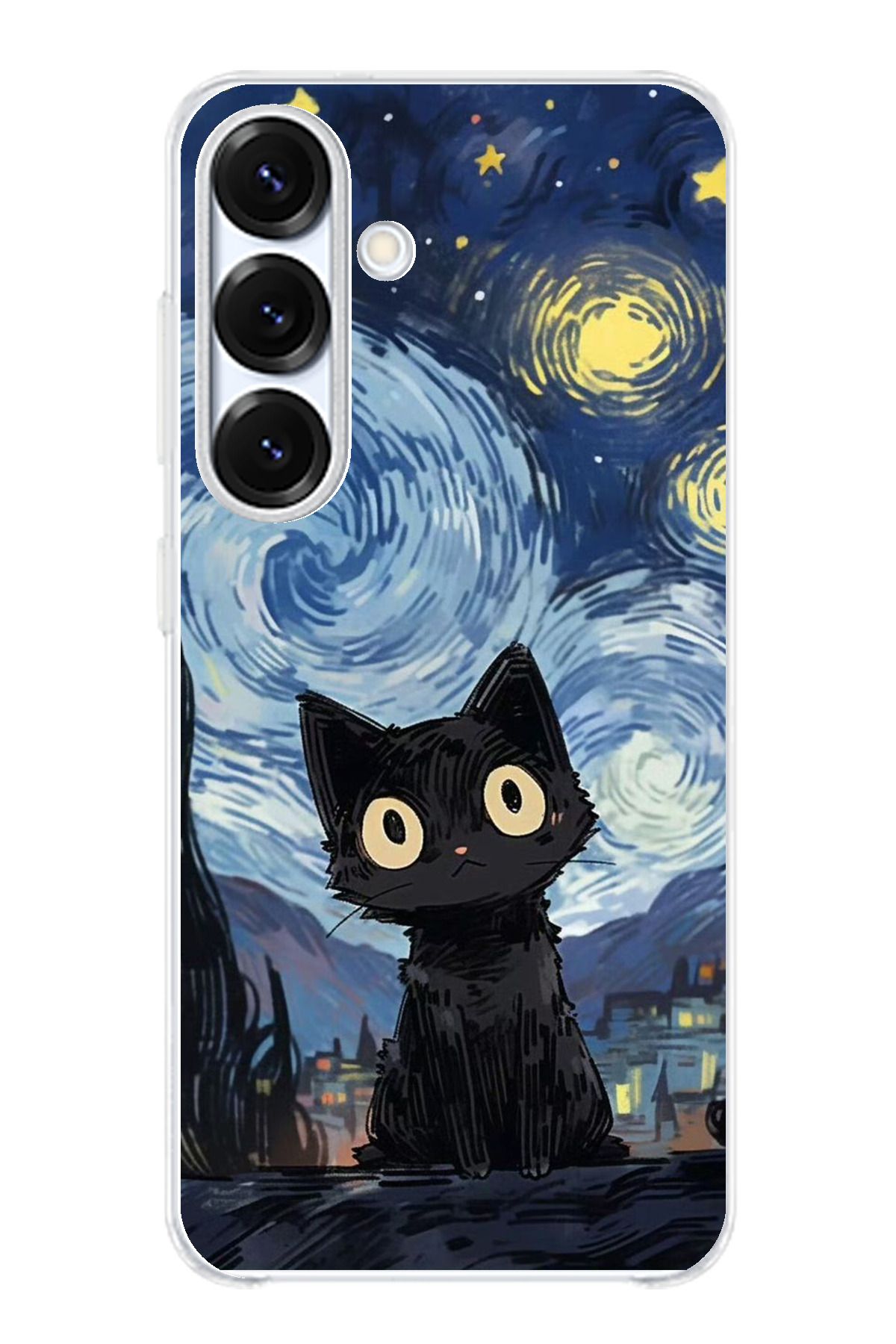 TechTree Samsung Galaxy S25 Uyumlu Gece Yarısı Kedi Tasarımlı Şeffaf Silikon Kılıf