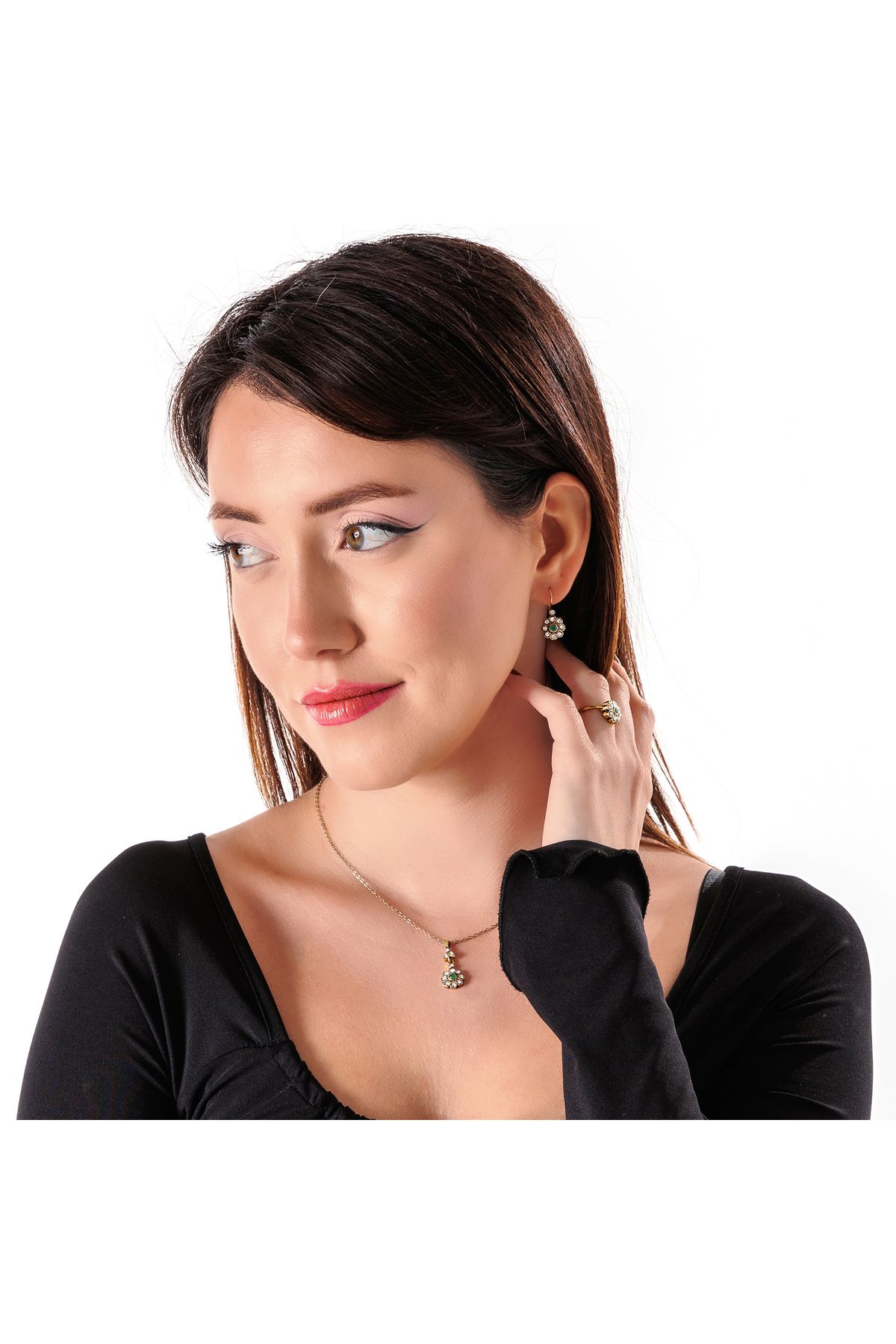Atelier LEO Handmade Jewellery HARMONİ MİNİ ÇİÇEK YEŞİL TAKIM YÜZÜK NO:9 BAKIR EL YAPIMI KARARMA YAPMAZ KADIN TAKI SETİ