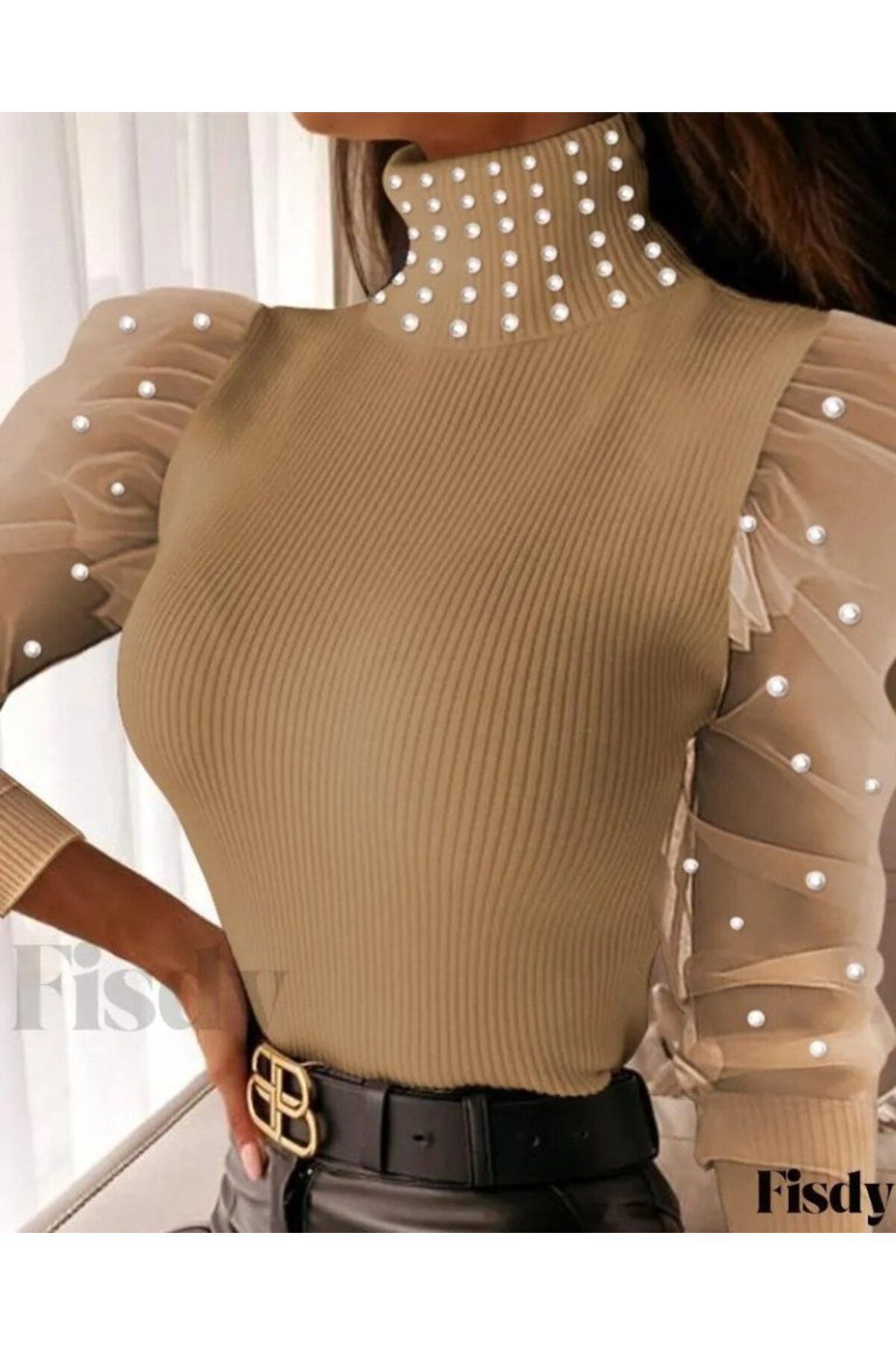 ARUZ MODA Kadın Balıkçı Yaka Kolları Tül Inci Detay Fırsat ürün Bluz