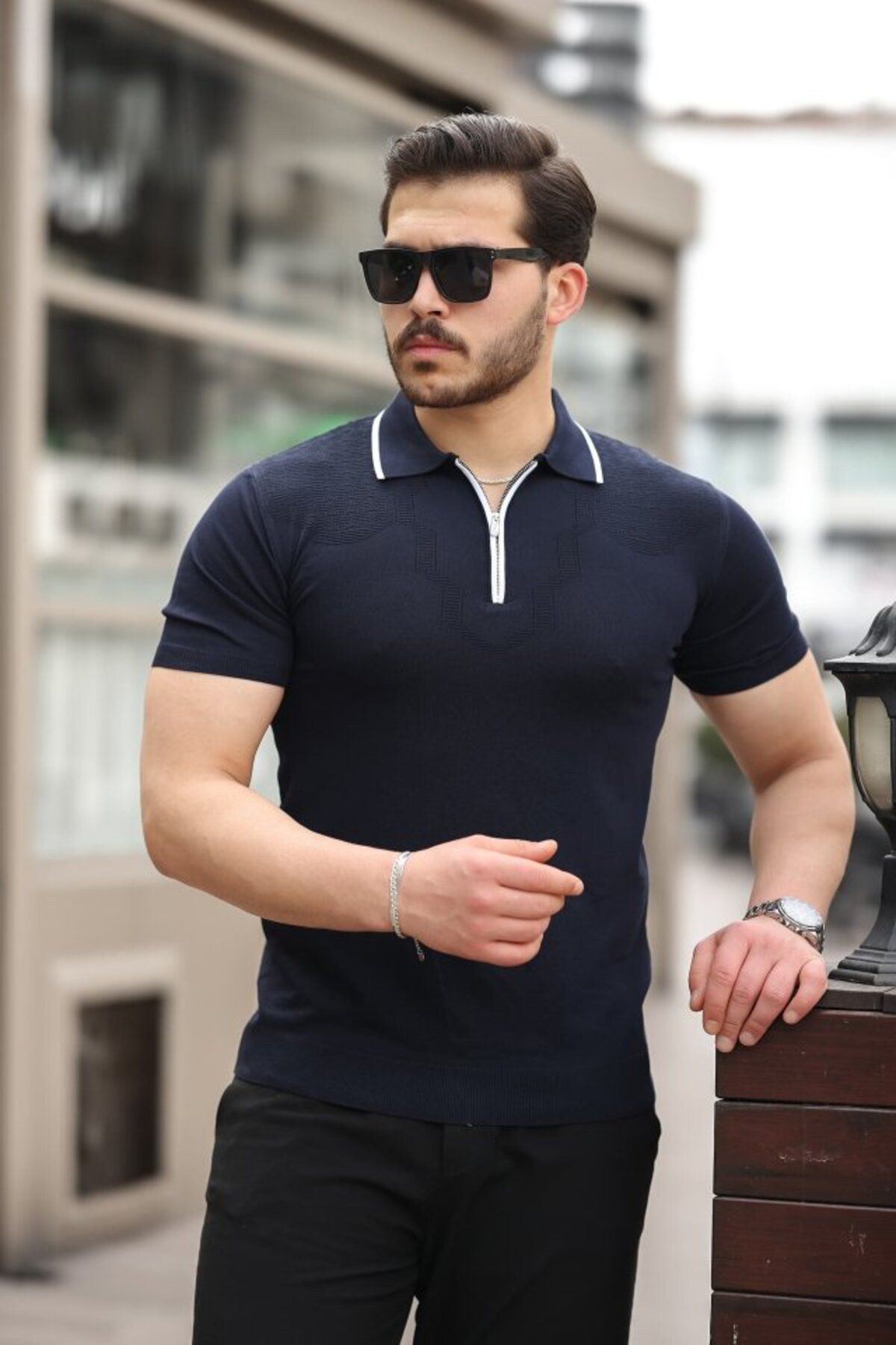 ARUZ MODA Erkek Polo Yaka Yarım Fermuar Tişört