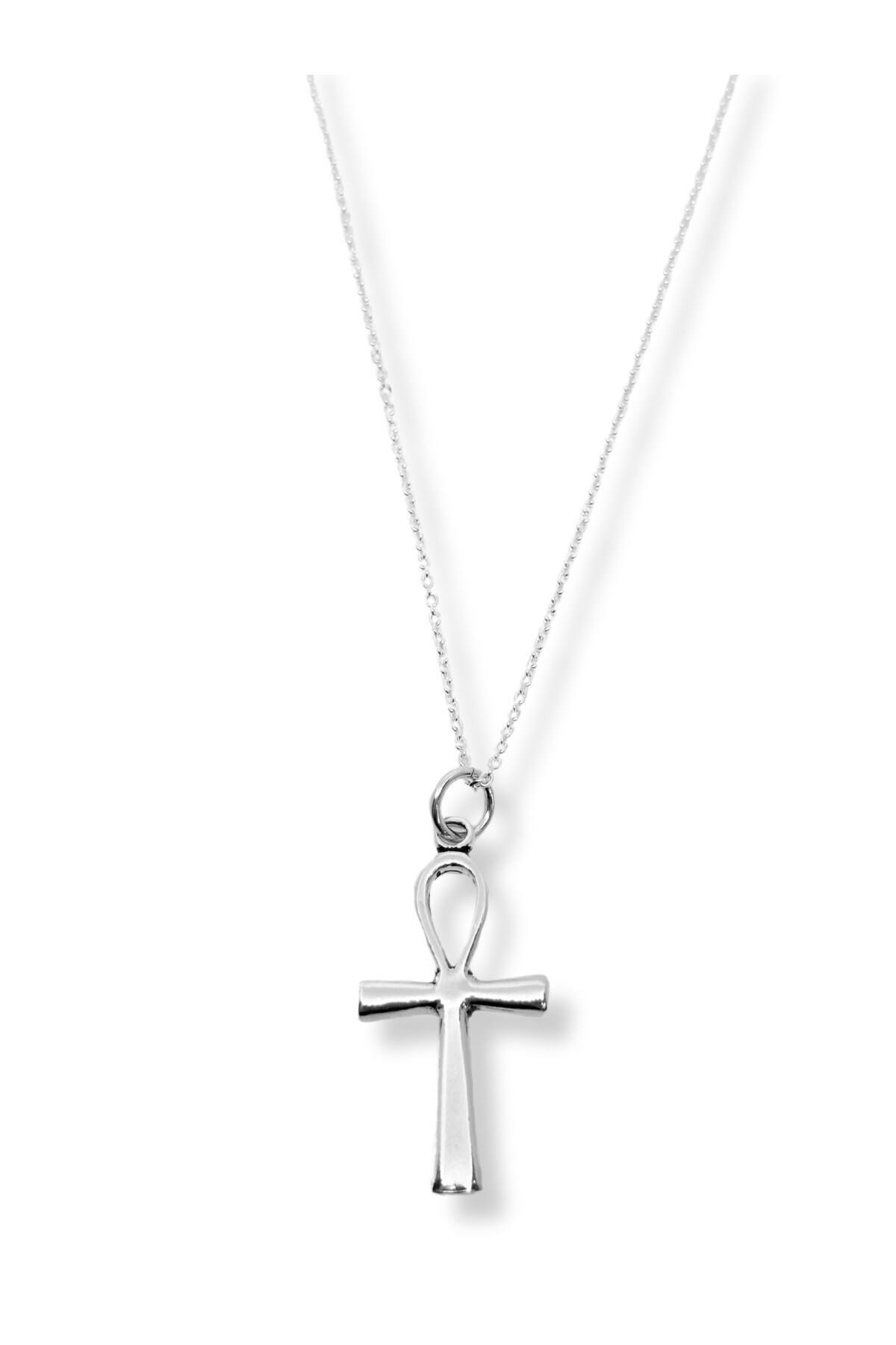 oya silver Orta Boy Puffy Sonsuz Yaşam Ankh Anahtarı Gümüş Kolye 2x4 cm
