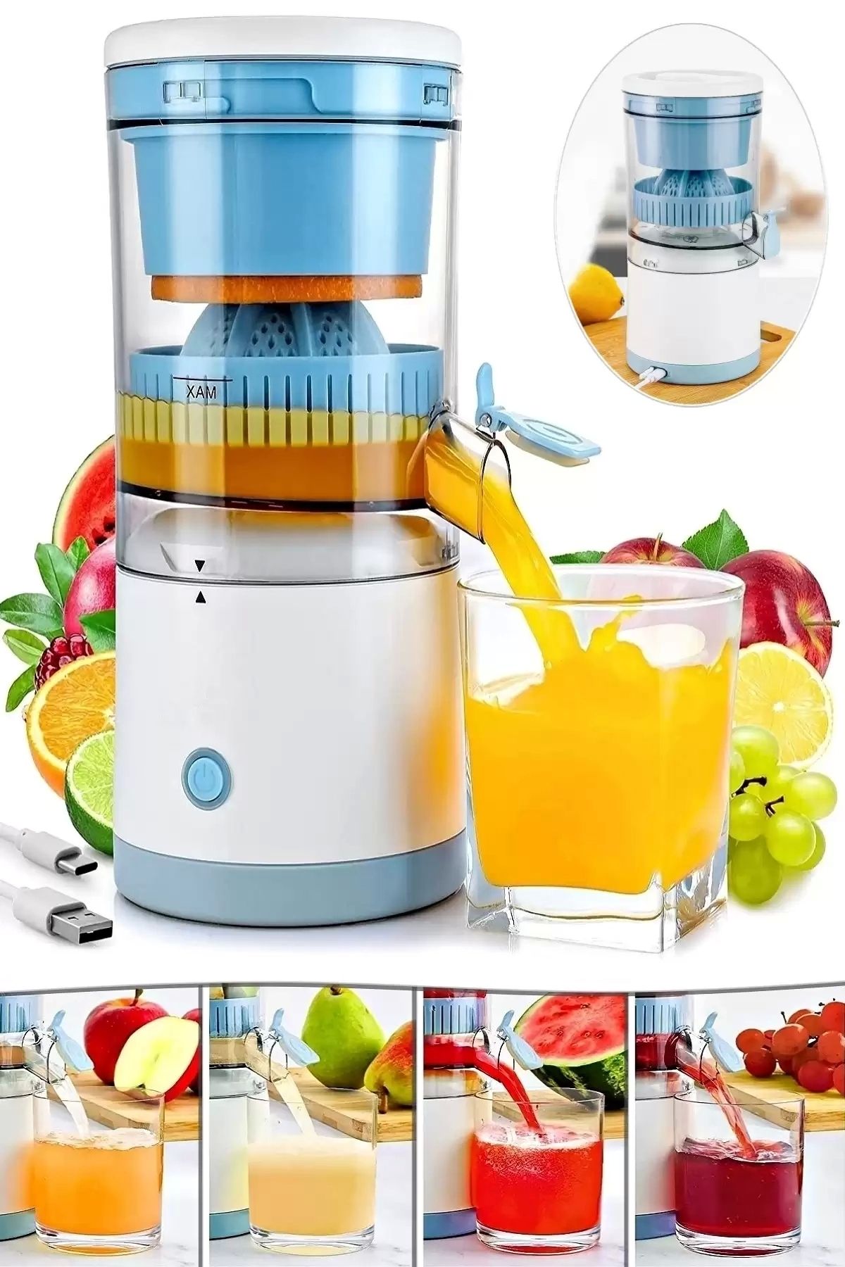 Berdina Home Pratik Şarjlı Narenciye Sıkacağı Taşınabilir Usb Hazneli Portakal Limon Katı Meyve Sıkma Makinesi