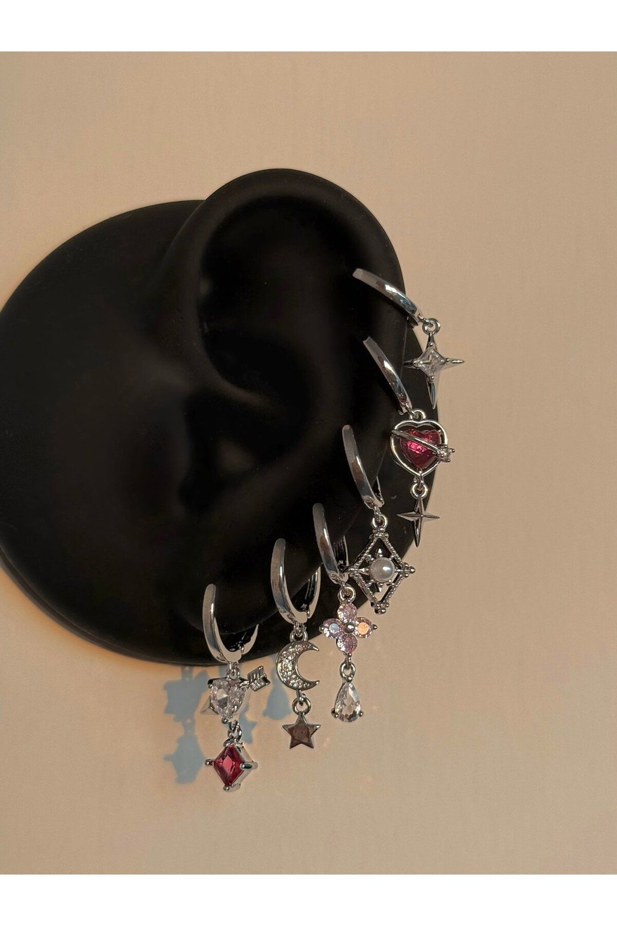 H&B Design Çelik Silver Aşk Detay 6 Lı Küpe Seti
