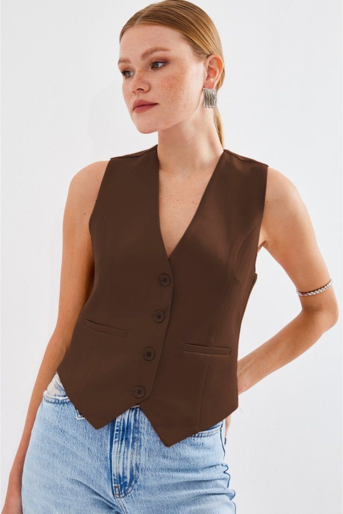 ARUZ MODA 6796 Kısa Dokuma Yelek - Kahverengi