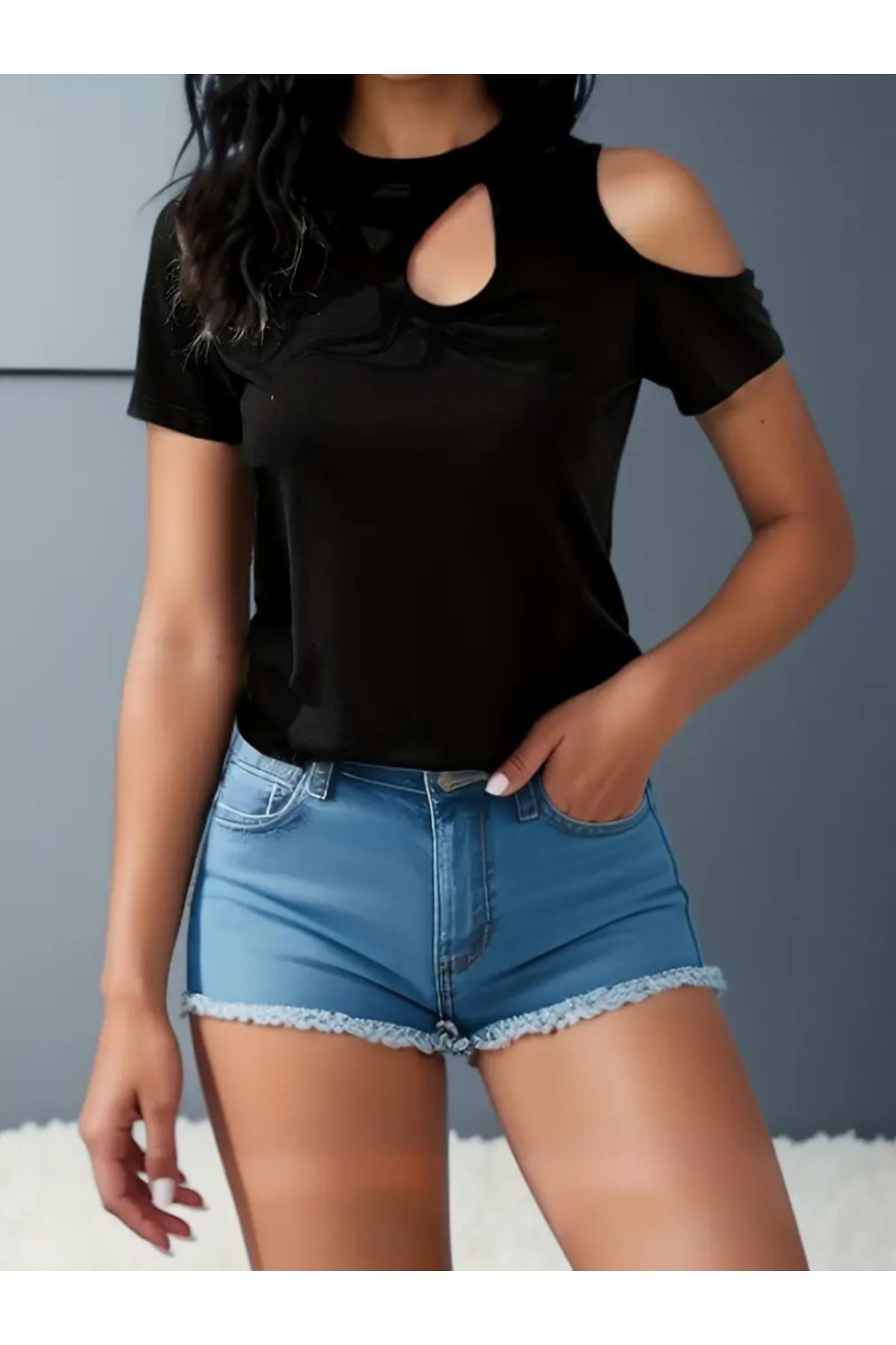 ARUZ MODA Kadın Kısa Kollu Tek Omuzu Açık Damla Detaylı Viskon Bluz
