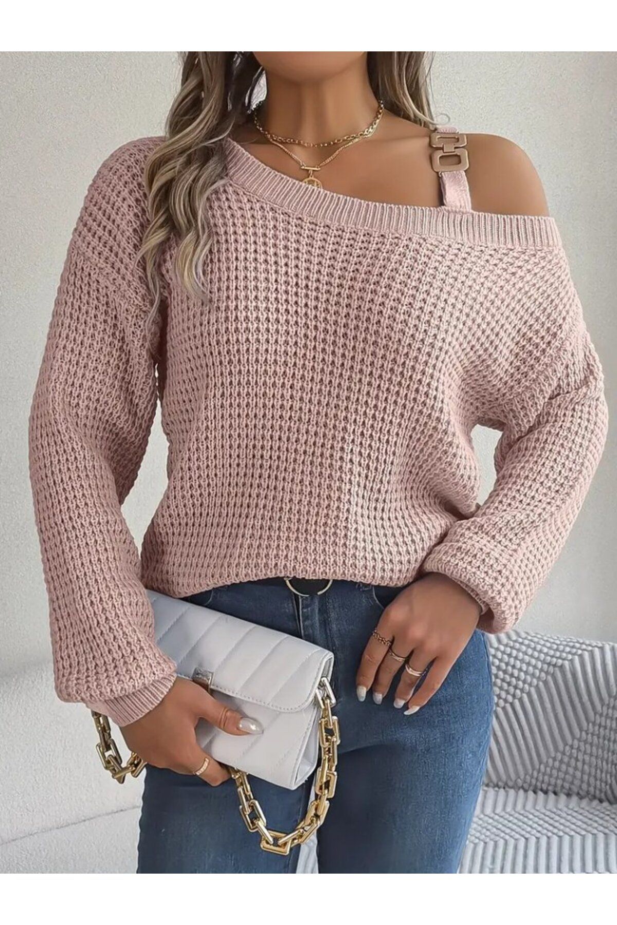 ARUZ MODA Kadın Uzun Kollu Tek Omuzu Açık Tokalı Triko Bluz