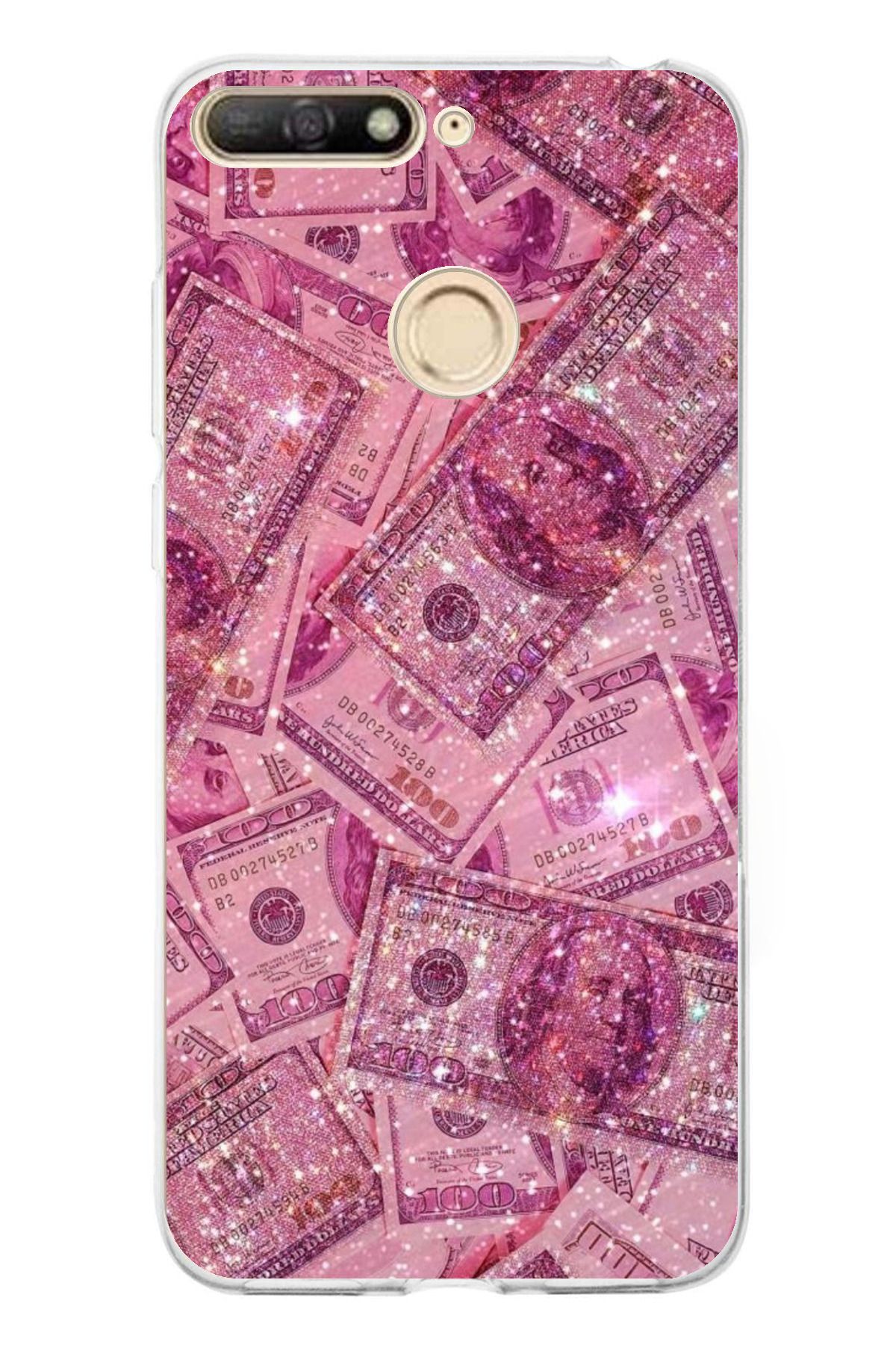 TechTree Huawei Y6 2018 - Honor 7A Uyumlu Pembe Işıltılı Dolarlar Şeffaf Silikon Kılıf
