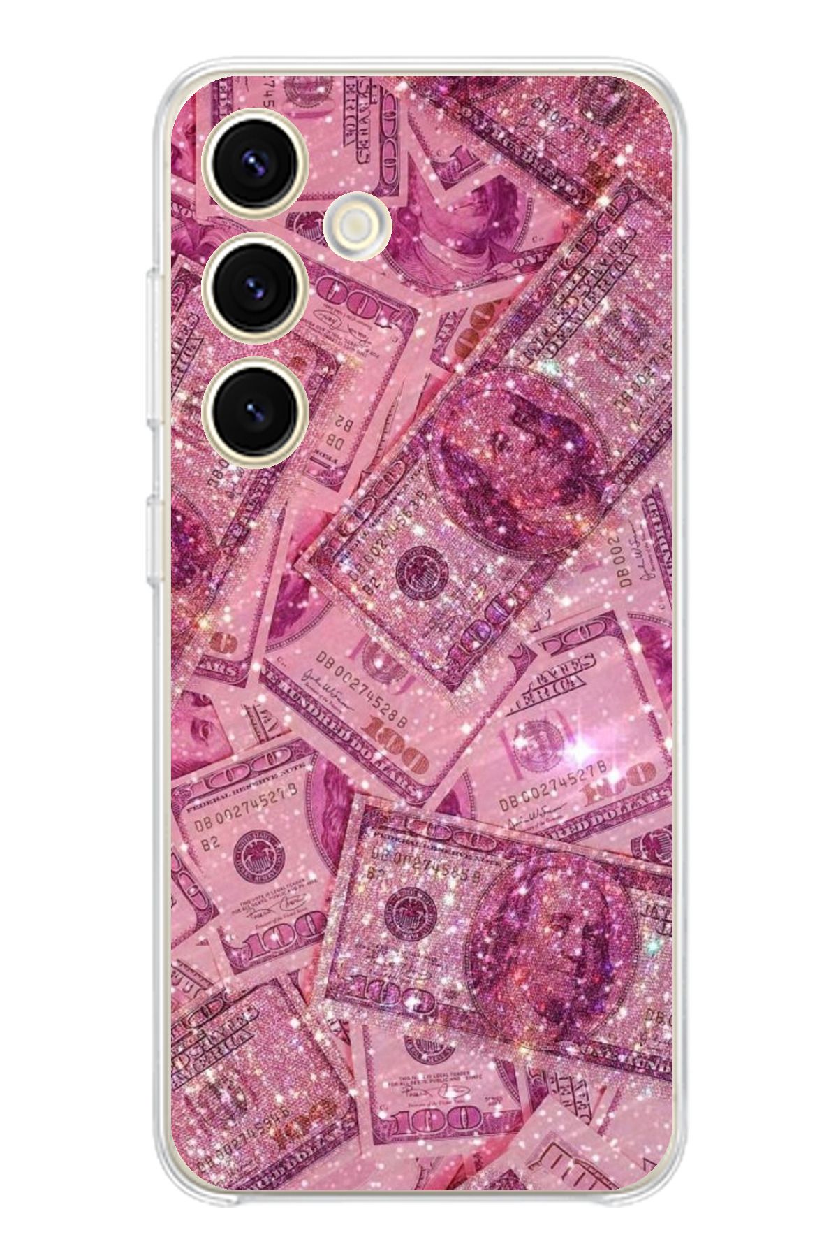 TechTree Samsung Galaxy S24 Uyumlu Pembe Işıltılı Dolarlar Şeffaf Silikon Kılıf