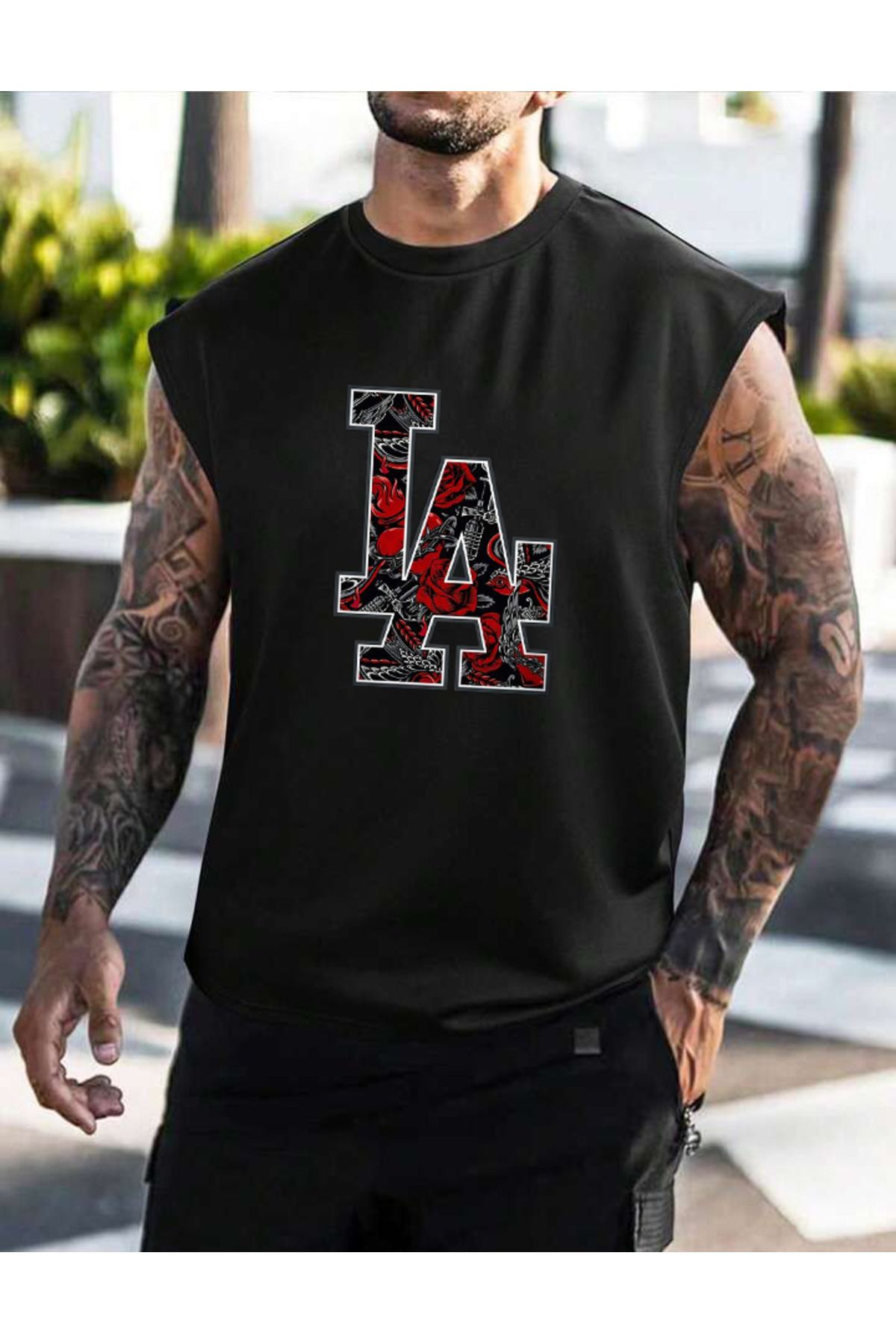 S&A DESIGN Balbazaar Erkek Kolsuz La Siyah Trend T-shirt