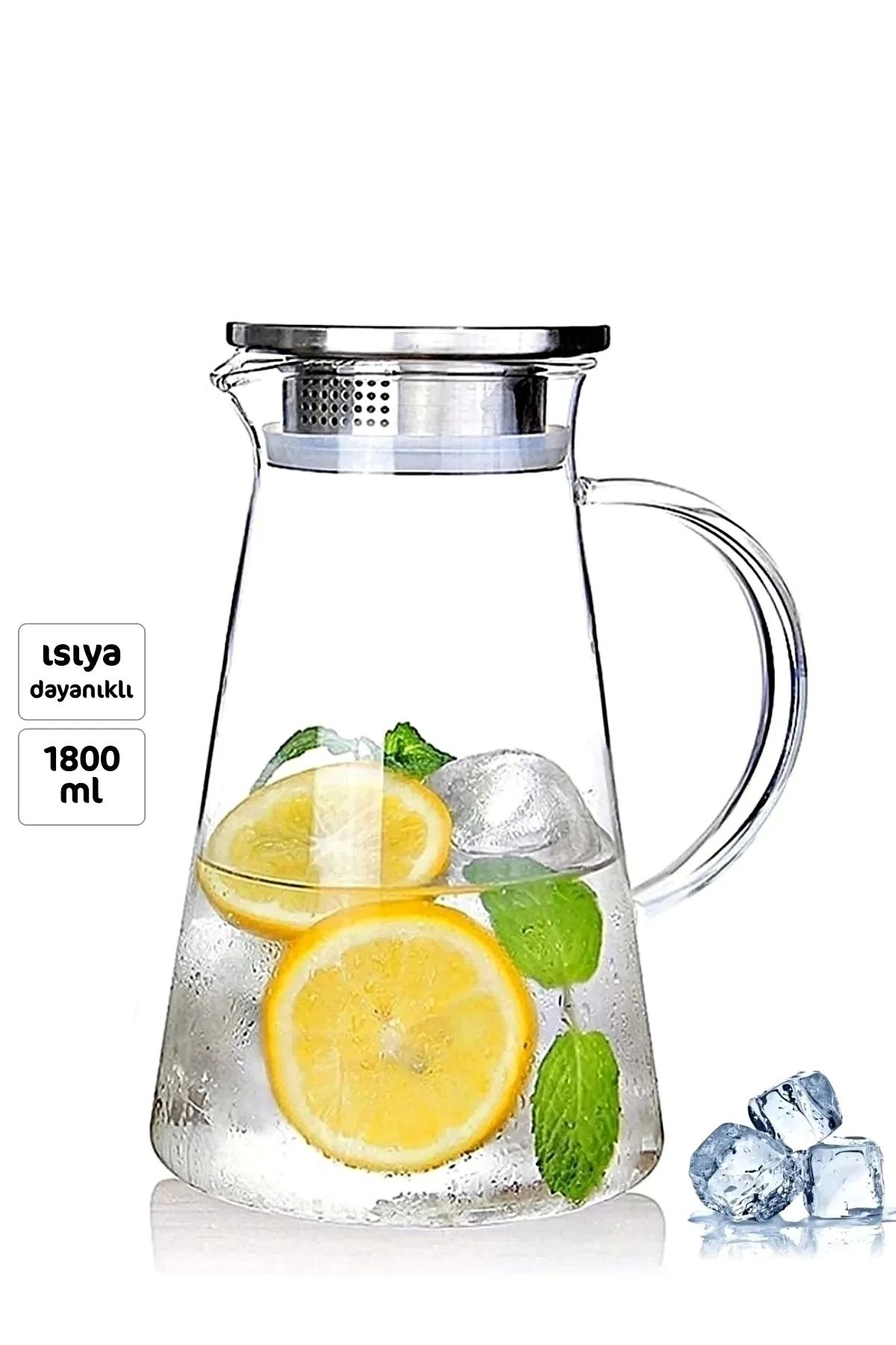 Berdina Home Borosilikat Cam Sürahi 1800ml Isıya Dayanıklı Karaf, Metal Kapaklı Cam Kulplu Meşrubat Su Sürahisi
