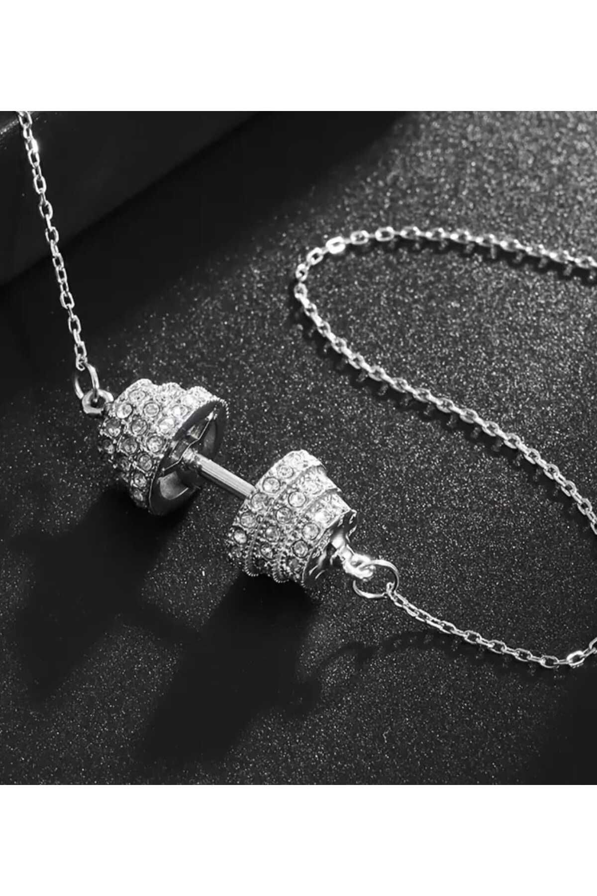 sarıyer silver Dumbbell Model Zirkon Taşlı İşlemeli Şık Stil Spor Bodybuilding Fitness Temalı Çelik Kolye