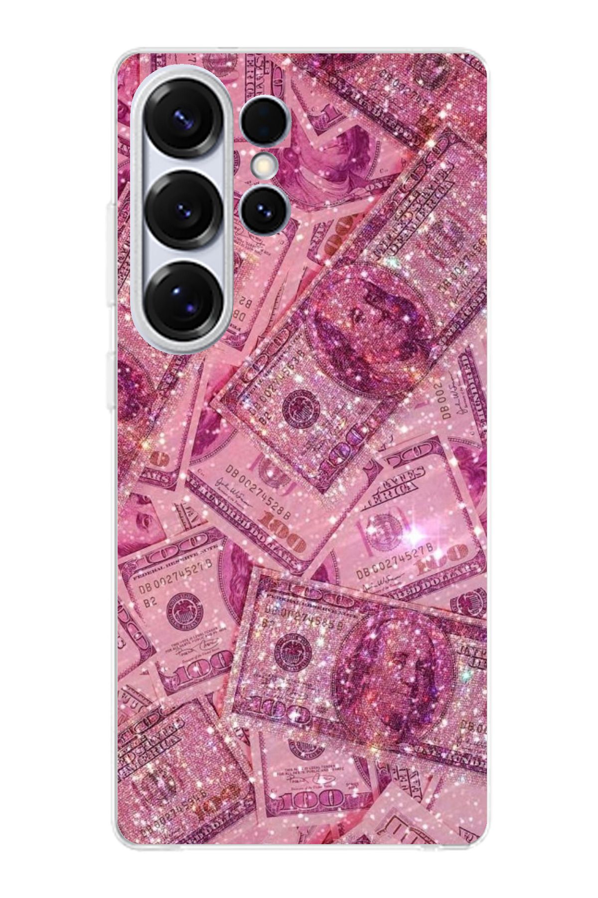 TechTree Samsung Galaxy S25 ULTRA Uyumlu Pembe Işıltılı Dolarlar Şeffaf Silikon Kılıf