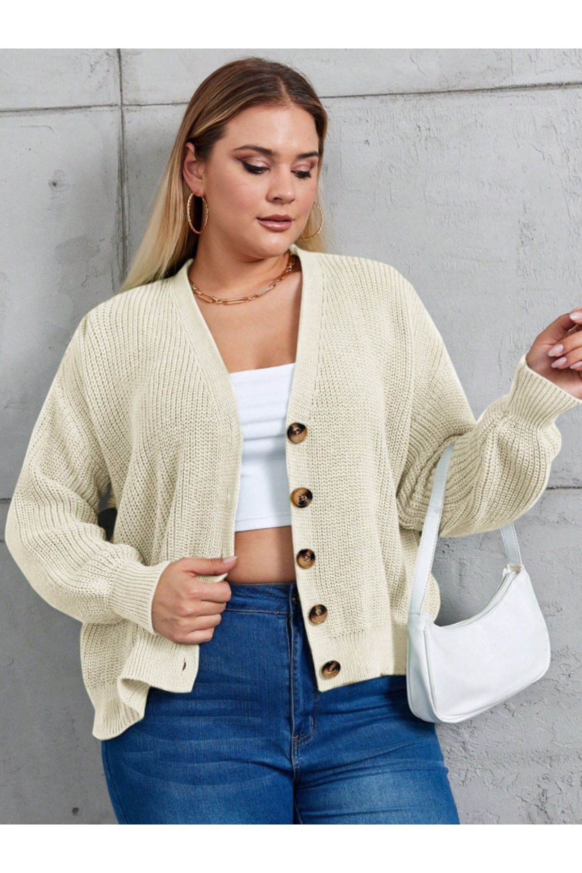 ARUZ MODA Kadın Beş Düğme Detay Büyük Beden Triko Hırka