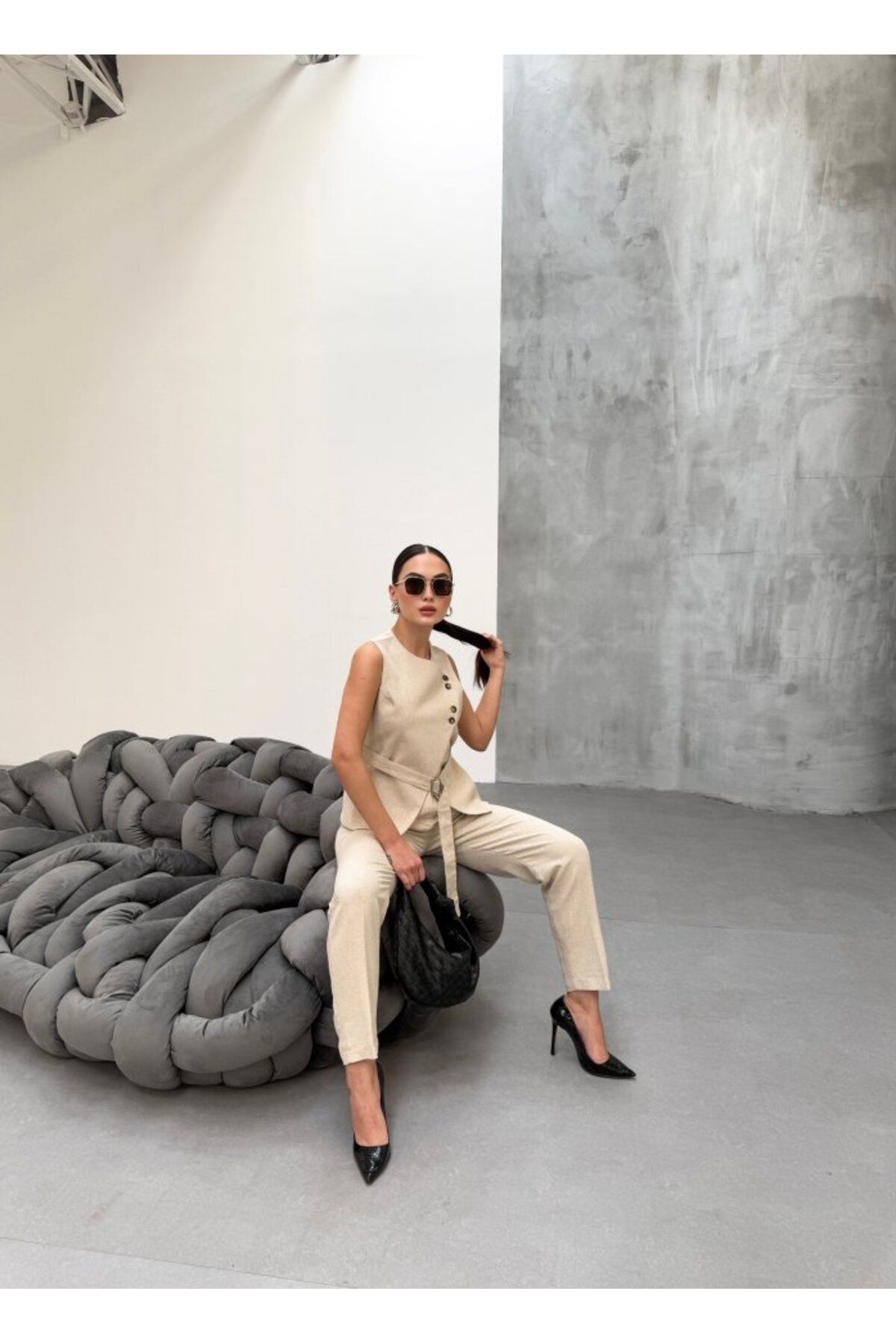 ARUZ MODA Tina Asimetrik Keten Yelek Pantolon Takim