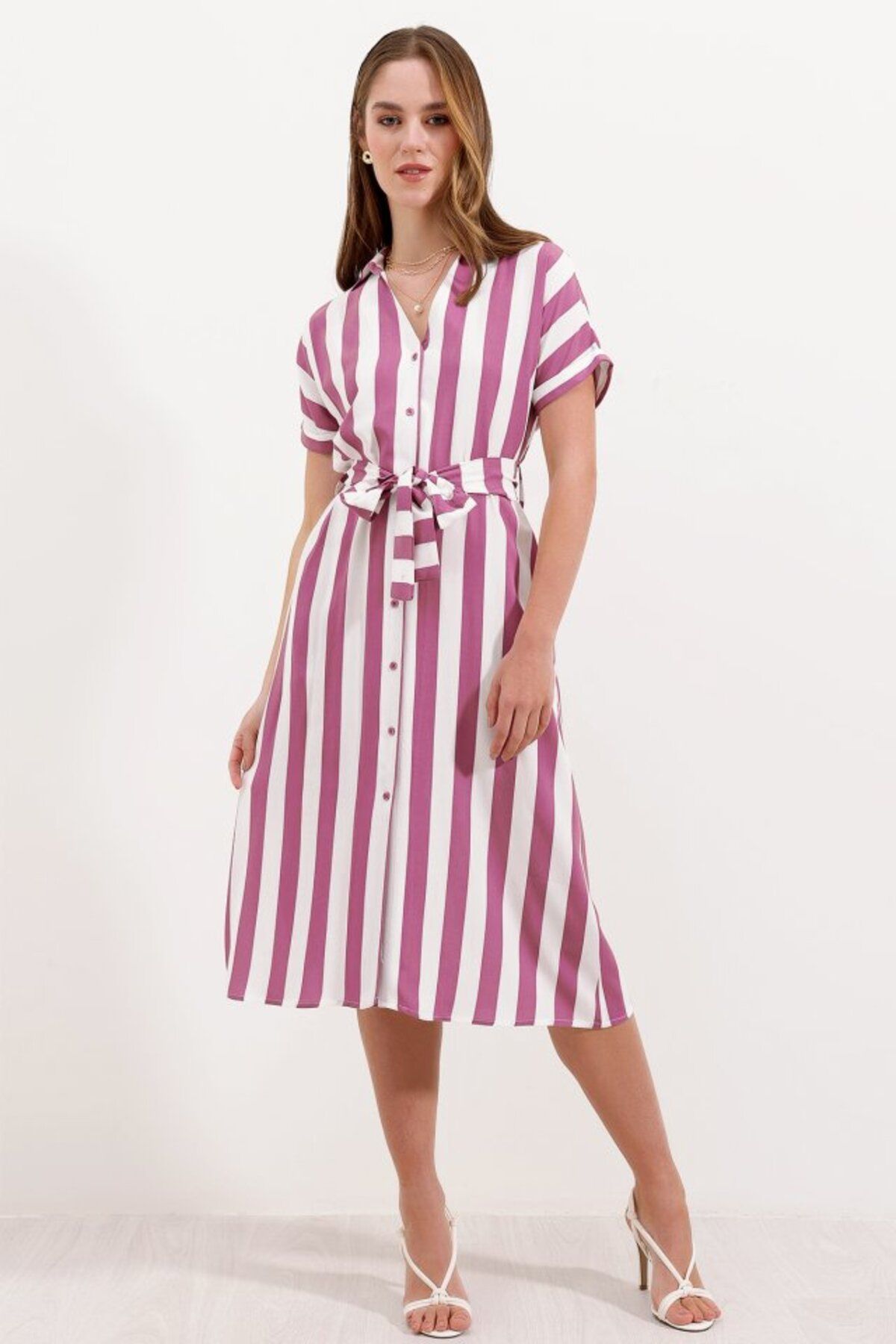 ARUZ MODA 2456 Çizgili Gömlek Elbise - Gül Kurusu