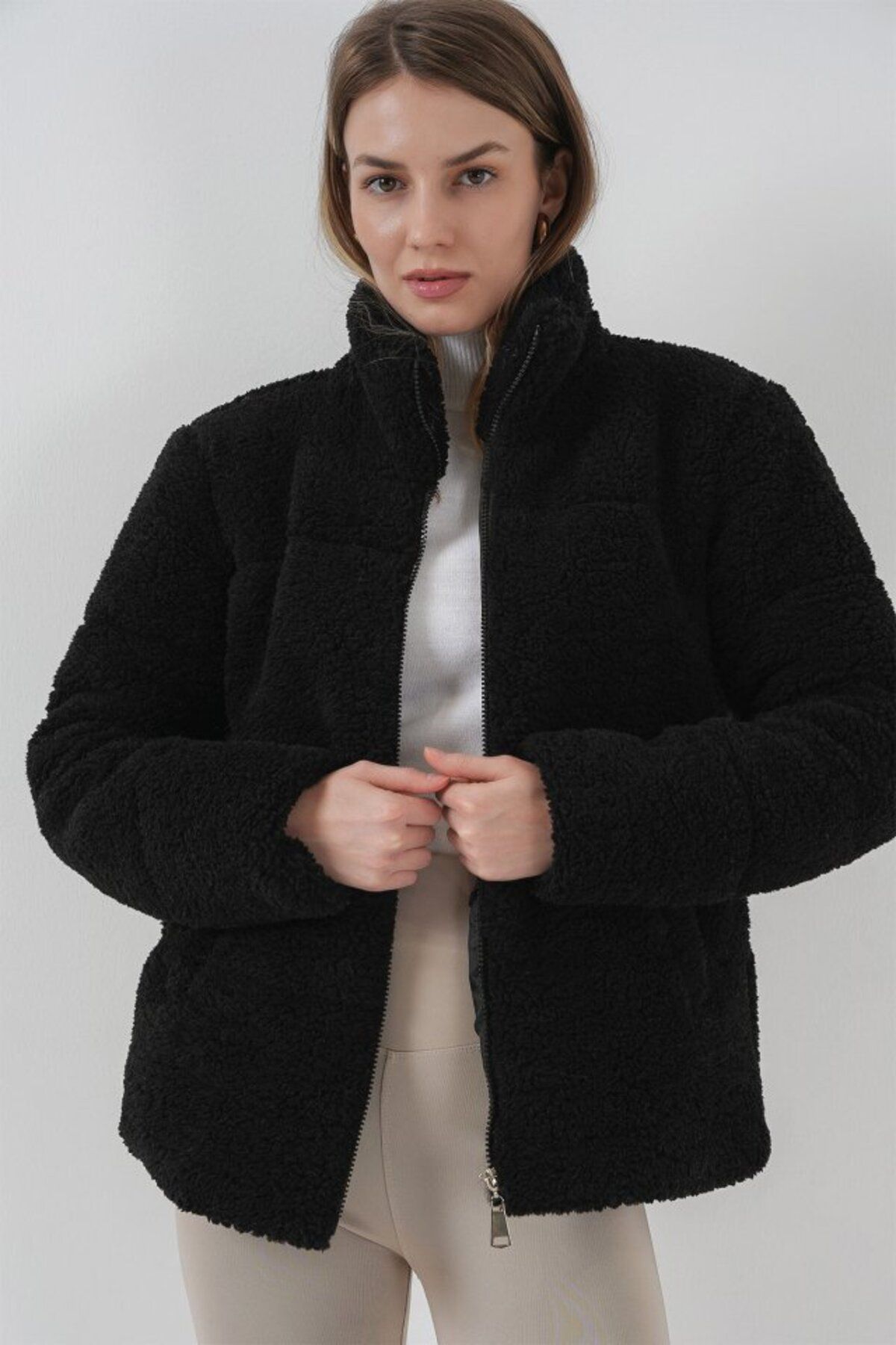 ARUZ MODA 5178 Astarlı Peluş Mont - Siyah
