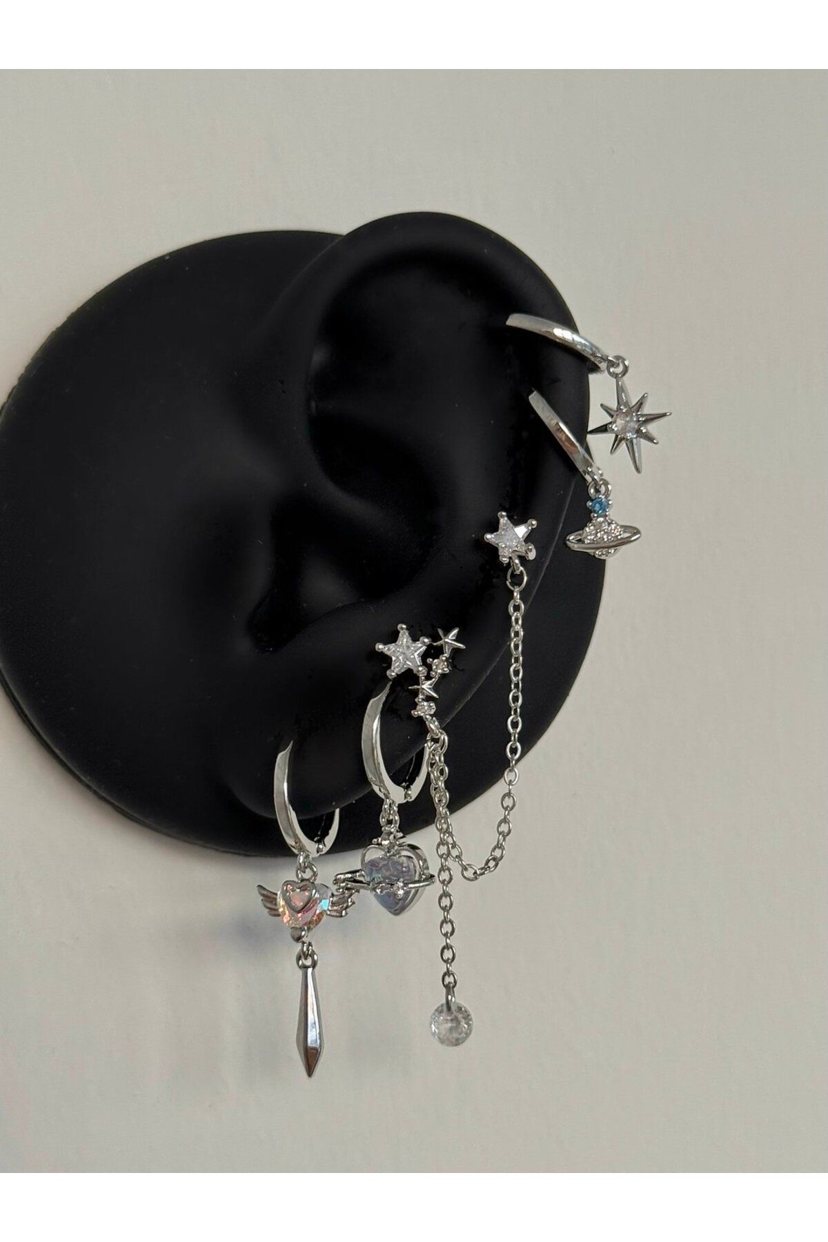 H&B Design Çelik Silver Mini Kalp Detay 6 Lı Küpe Seti