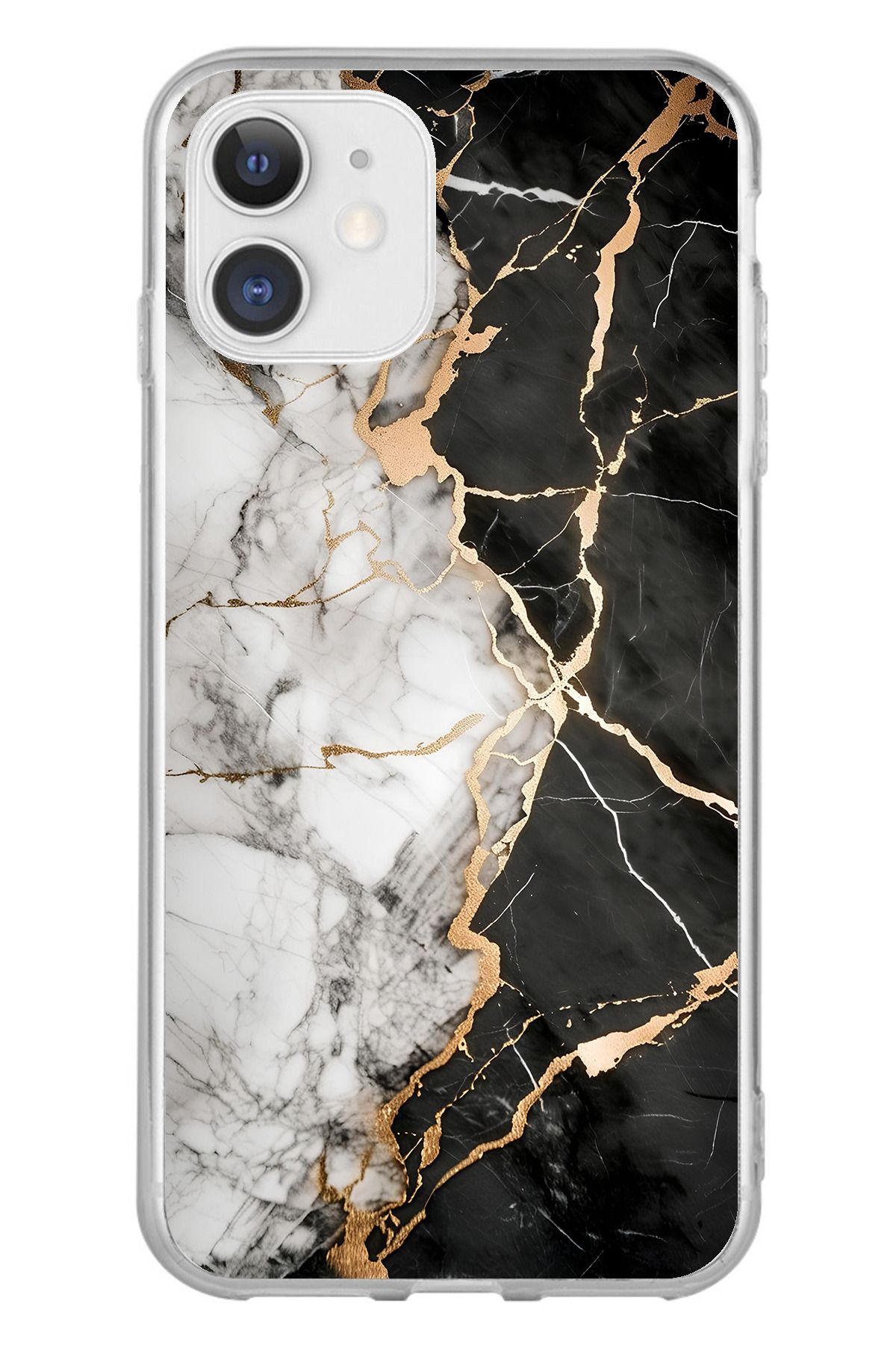 TechTree iPhone 11 Uyumlu Siyah Beyaz Mermer Şeffaf Silikon Kılıf