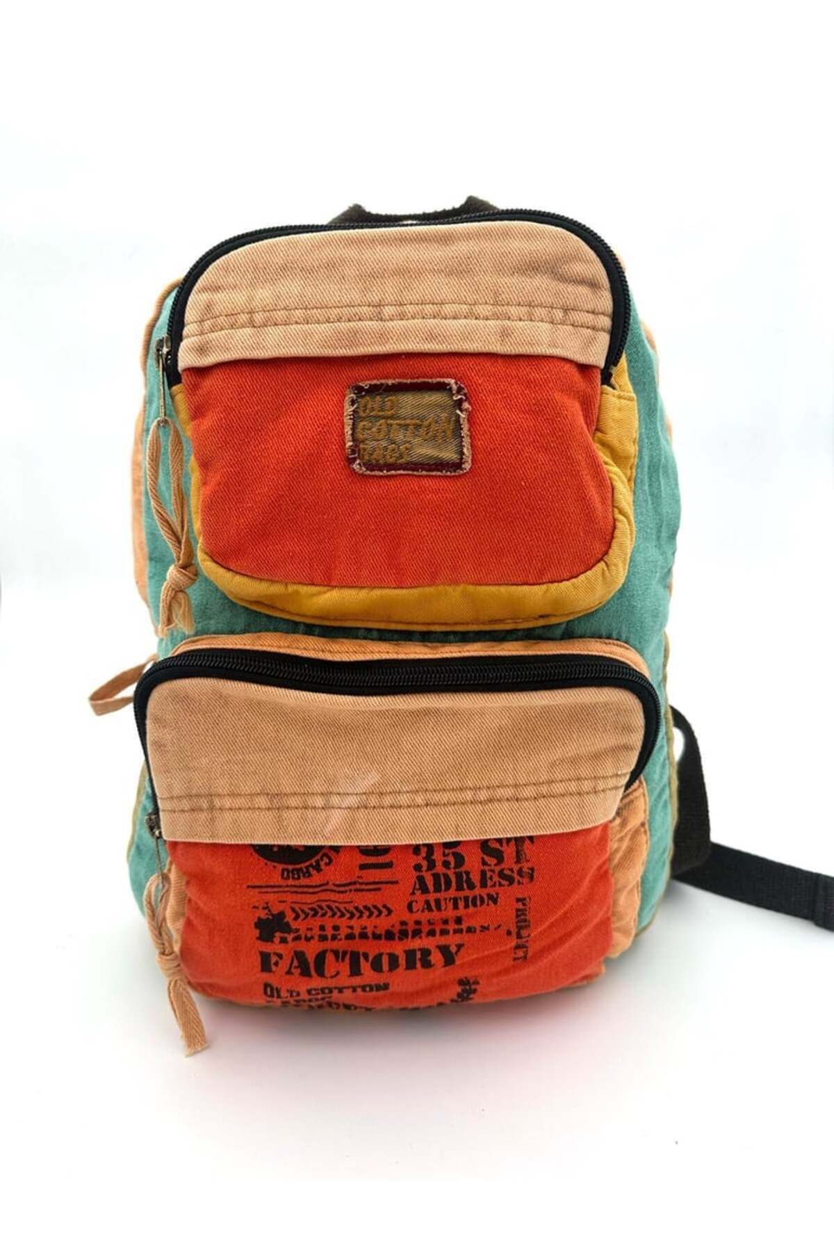old cotton cargo Turuncu Renk Patchwork Çok Cepli Vintage Sırt Çantası