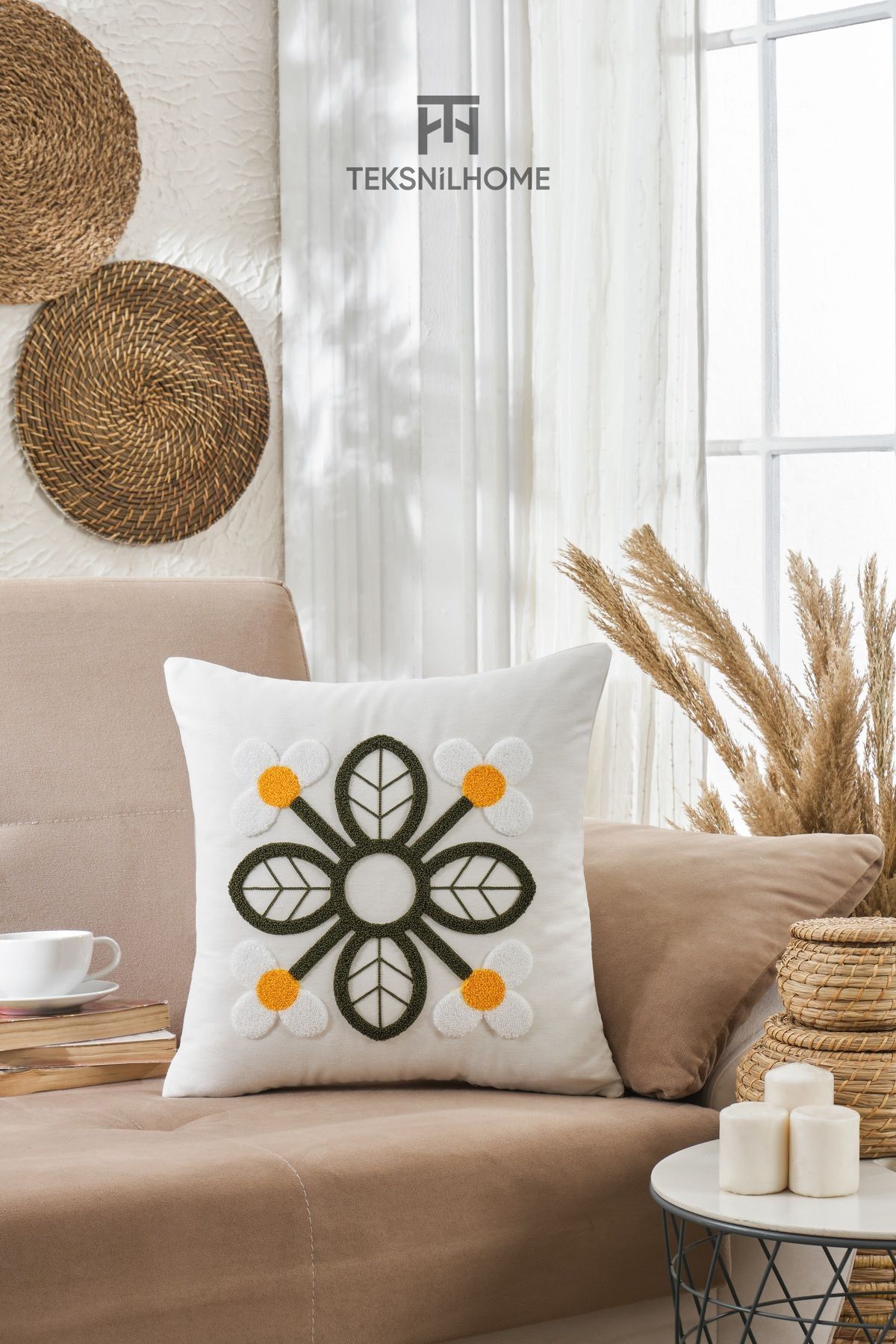 TeksNil Home Punch Nakışlı Papatya Desenli Kırlent Kılıfı Dekoratif Yastık Kılıfı