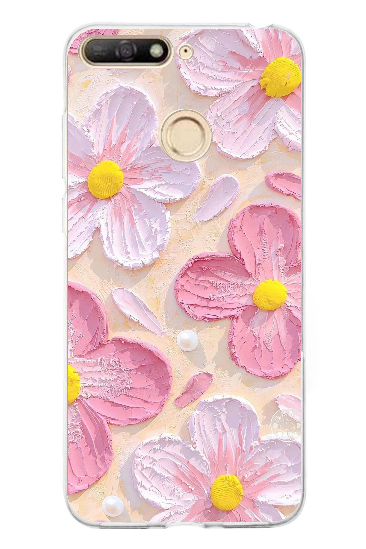 TechTree Huawei Y6 2018 - Honor 7A Uyumlu Pembe Beyaz Çiçekler Sulu Boya Şeffaf Silikon Kılıf