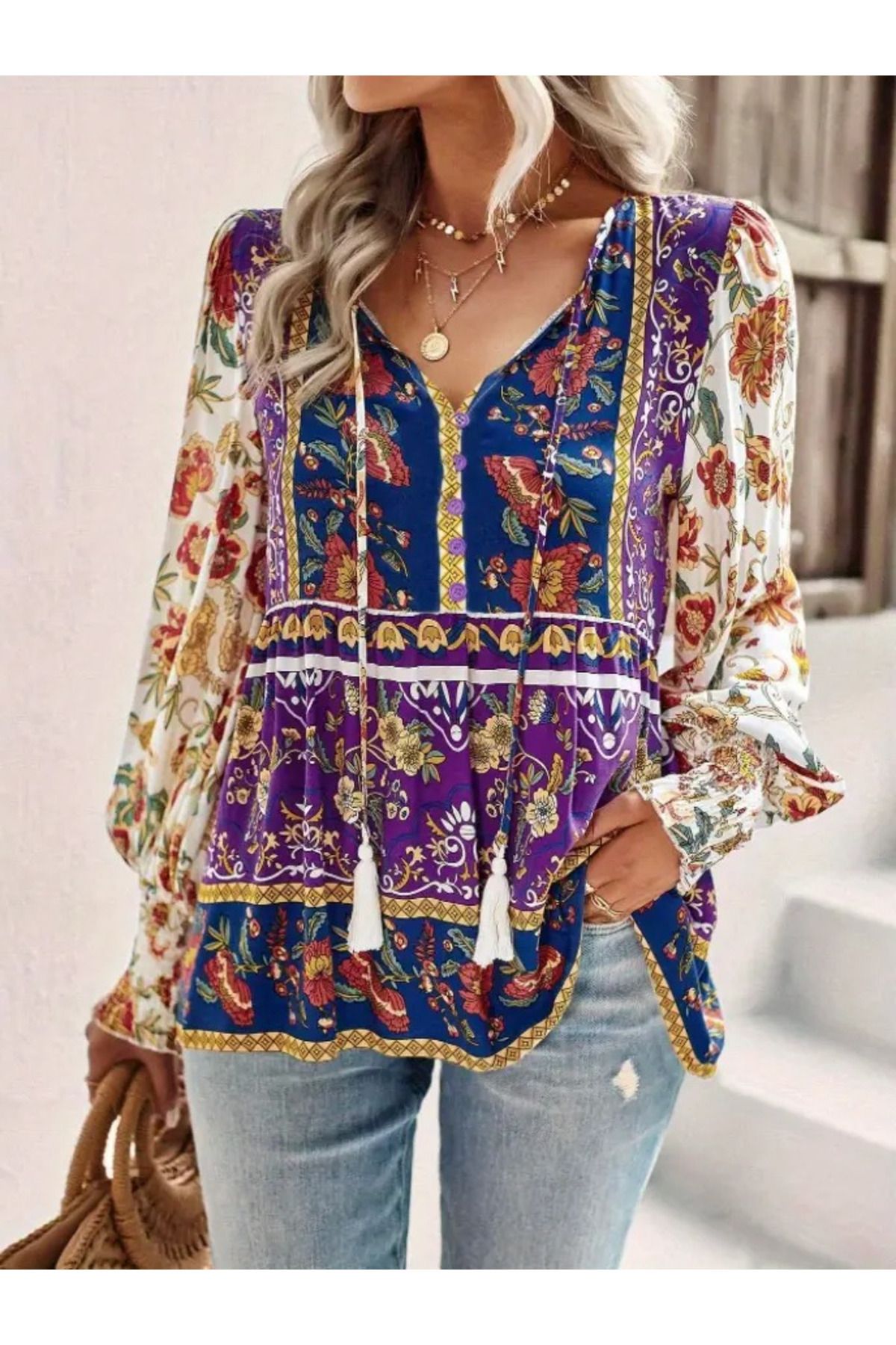 ARUZ MODA Kadın Uzun Kollu Yakası Açık Bağcıklı çiçek Desenli Salaş Bluz
