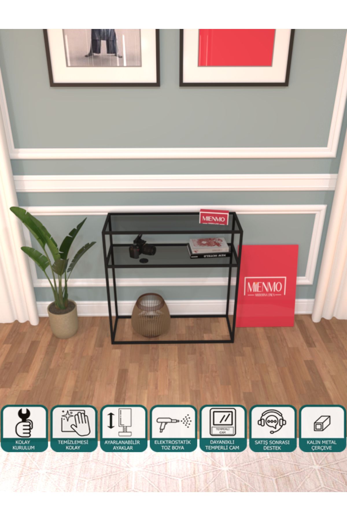 Mienmo Litho Metal Dresuar Dekoratif Kahve Köşesi Konsol Çok Raflı Siyah Füme Camlı 80 cm