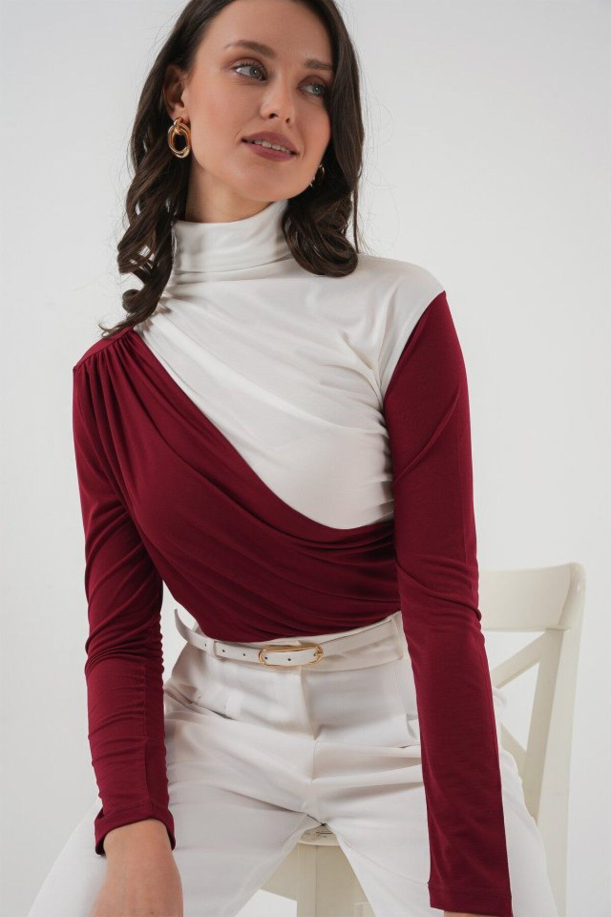 ARUZ MODA 940 Büzgü Detaylı Sandy Bluz - Bordo