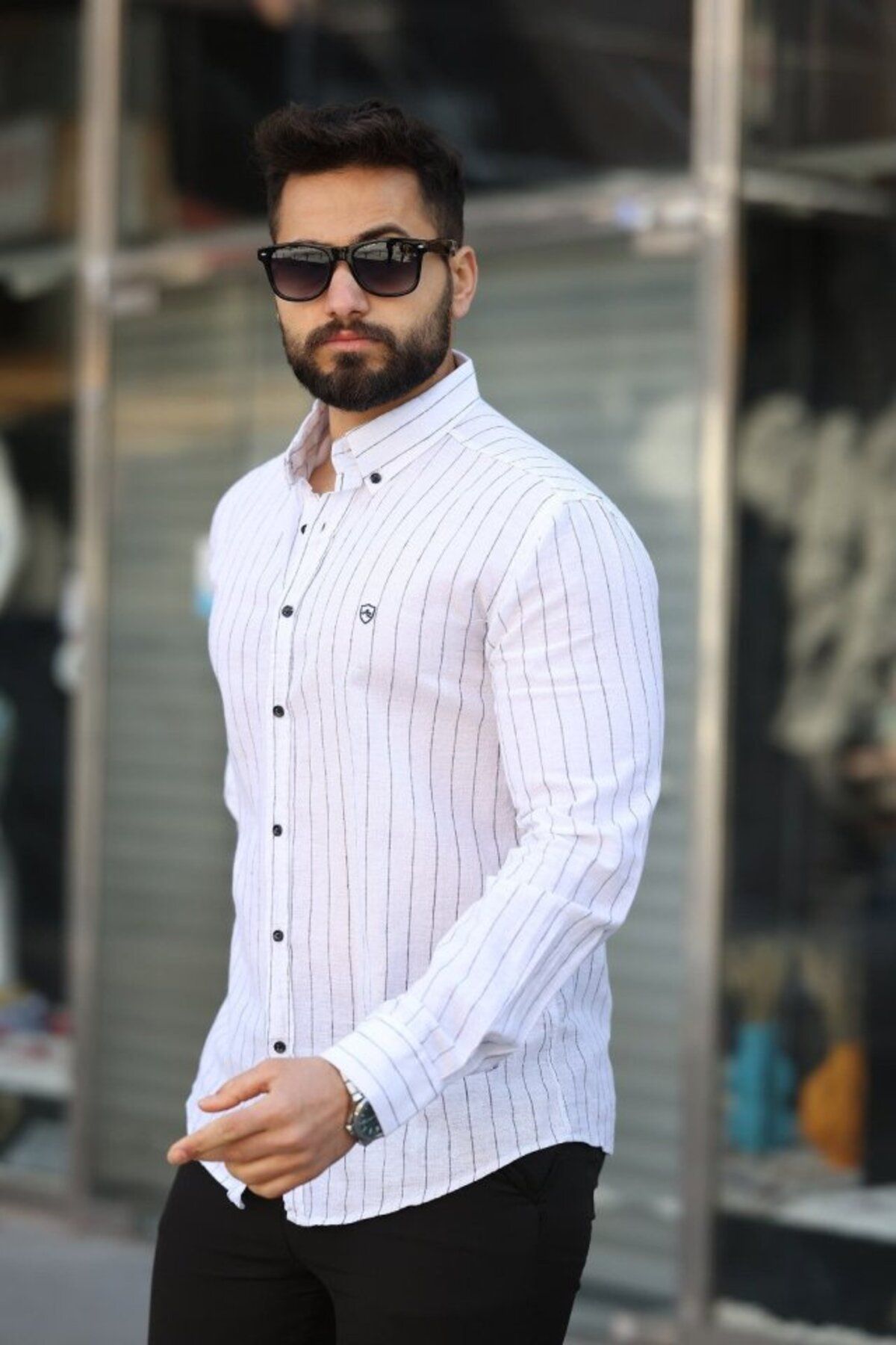 ARUZ MODA Erkek Pamuklu Çizgi Desenli Gömlek
