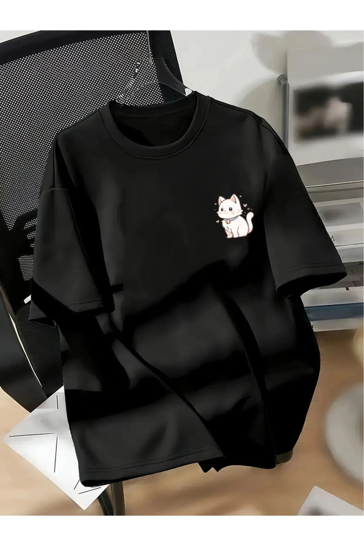 FeaR LeeS Kedi Desenli Baskılı Oversize T-shirt