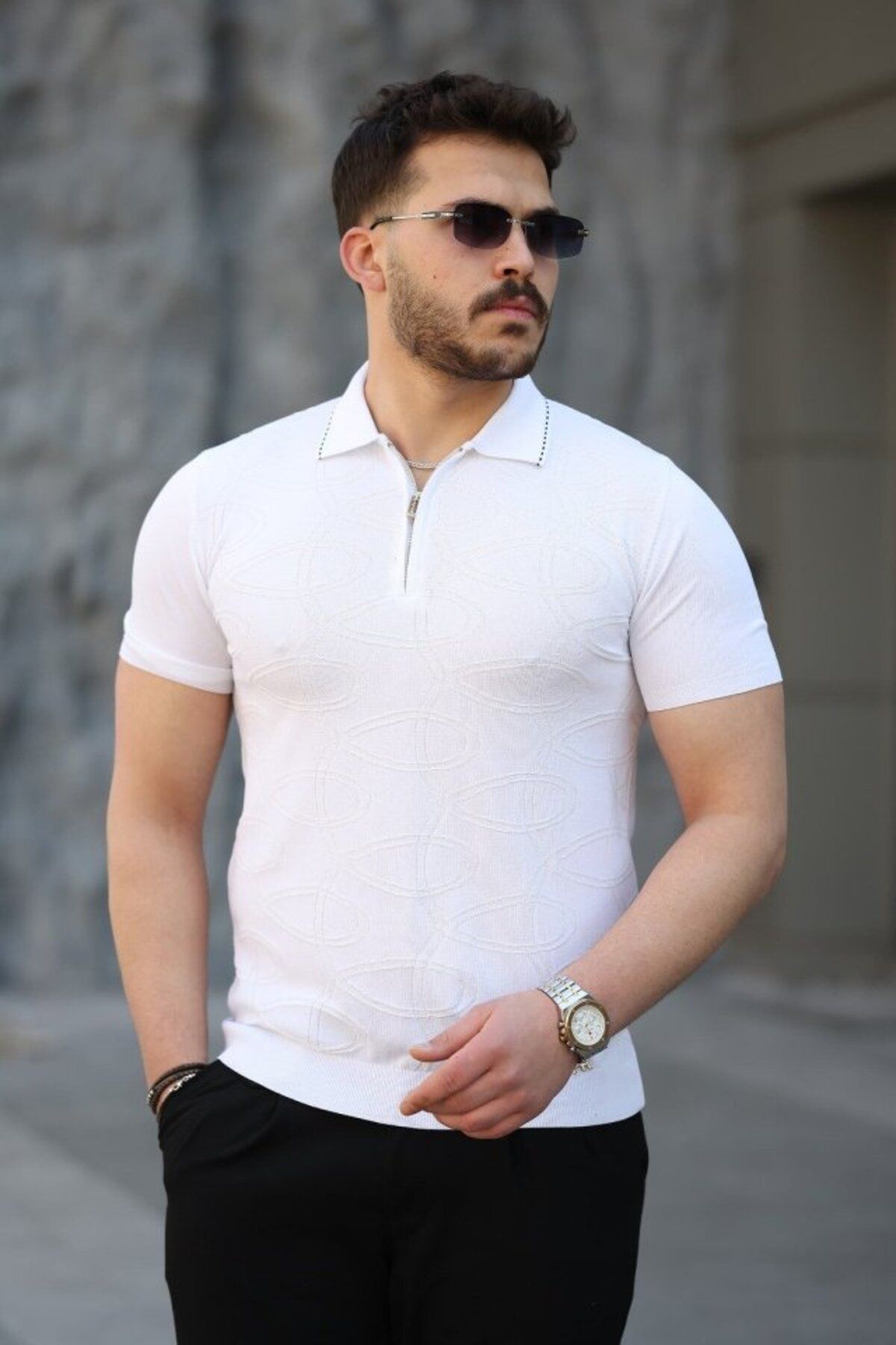 ARUZ MODA Erkek Viskon Kumaş Polo Yaka Desenli Tişört
