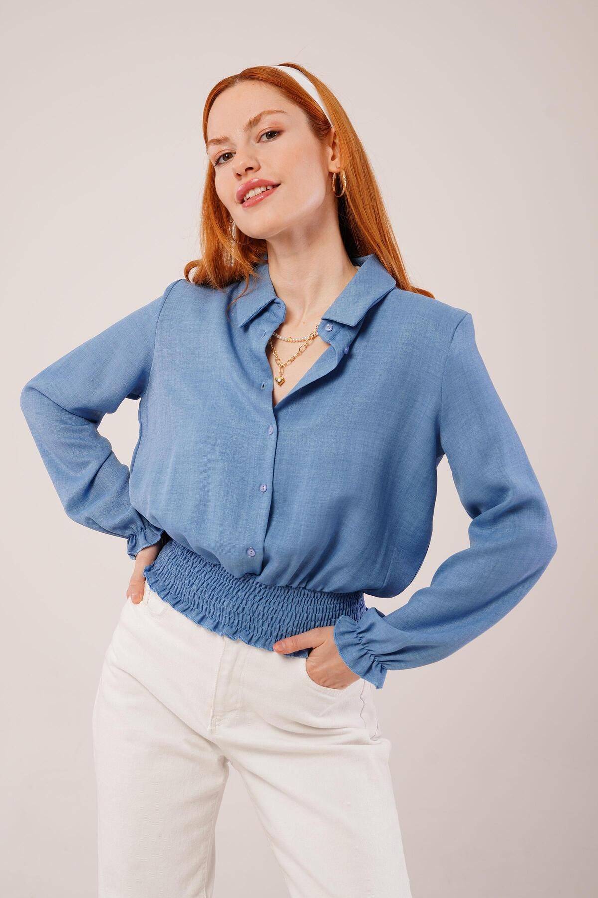ARUZ MODA Bel Ve Bilek Lastikli Mavi Bluz