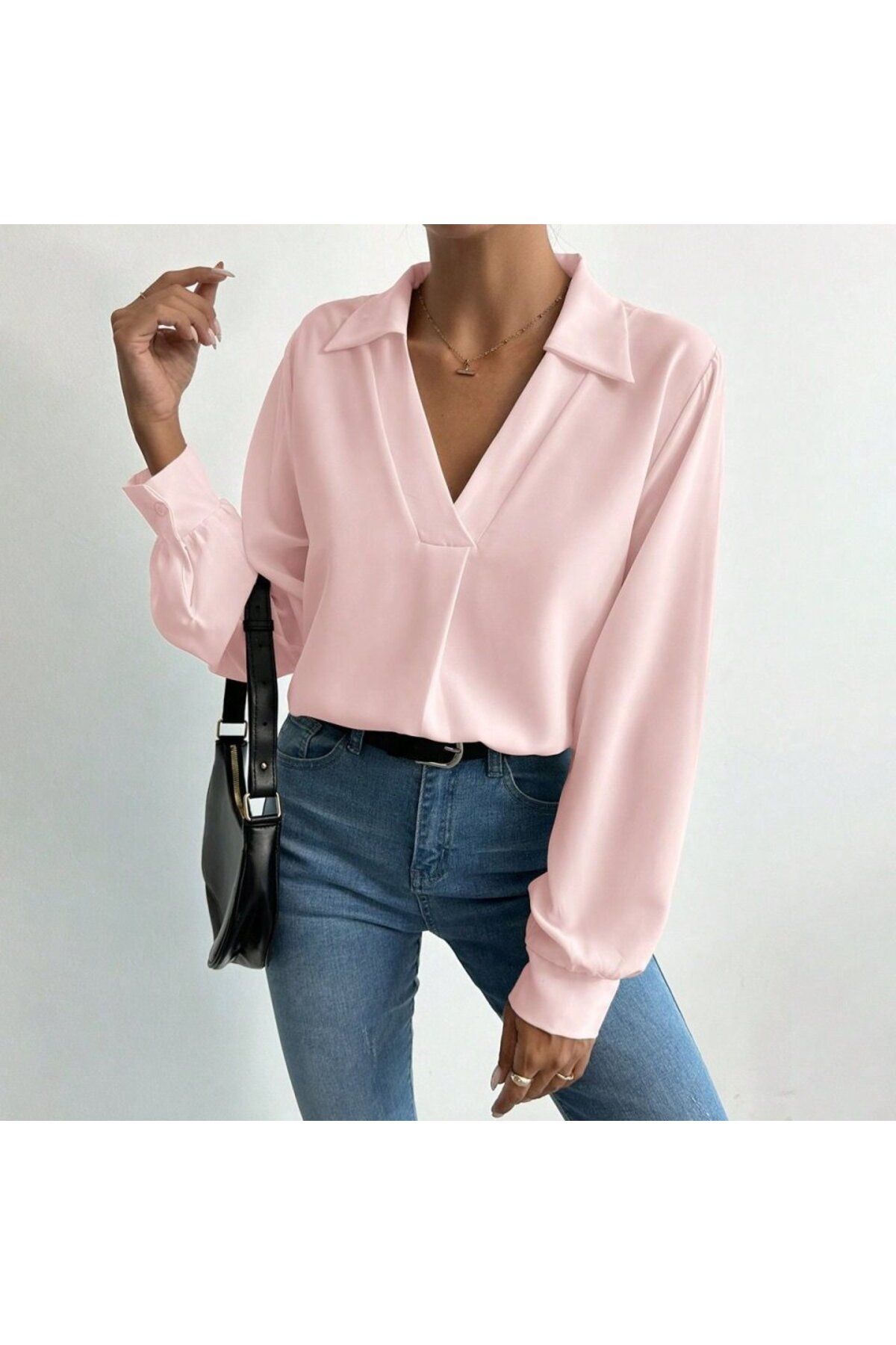 ARUZ MODA Kadın V Yaka Uzun Kollu Mosskrep Kumaş Bluz