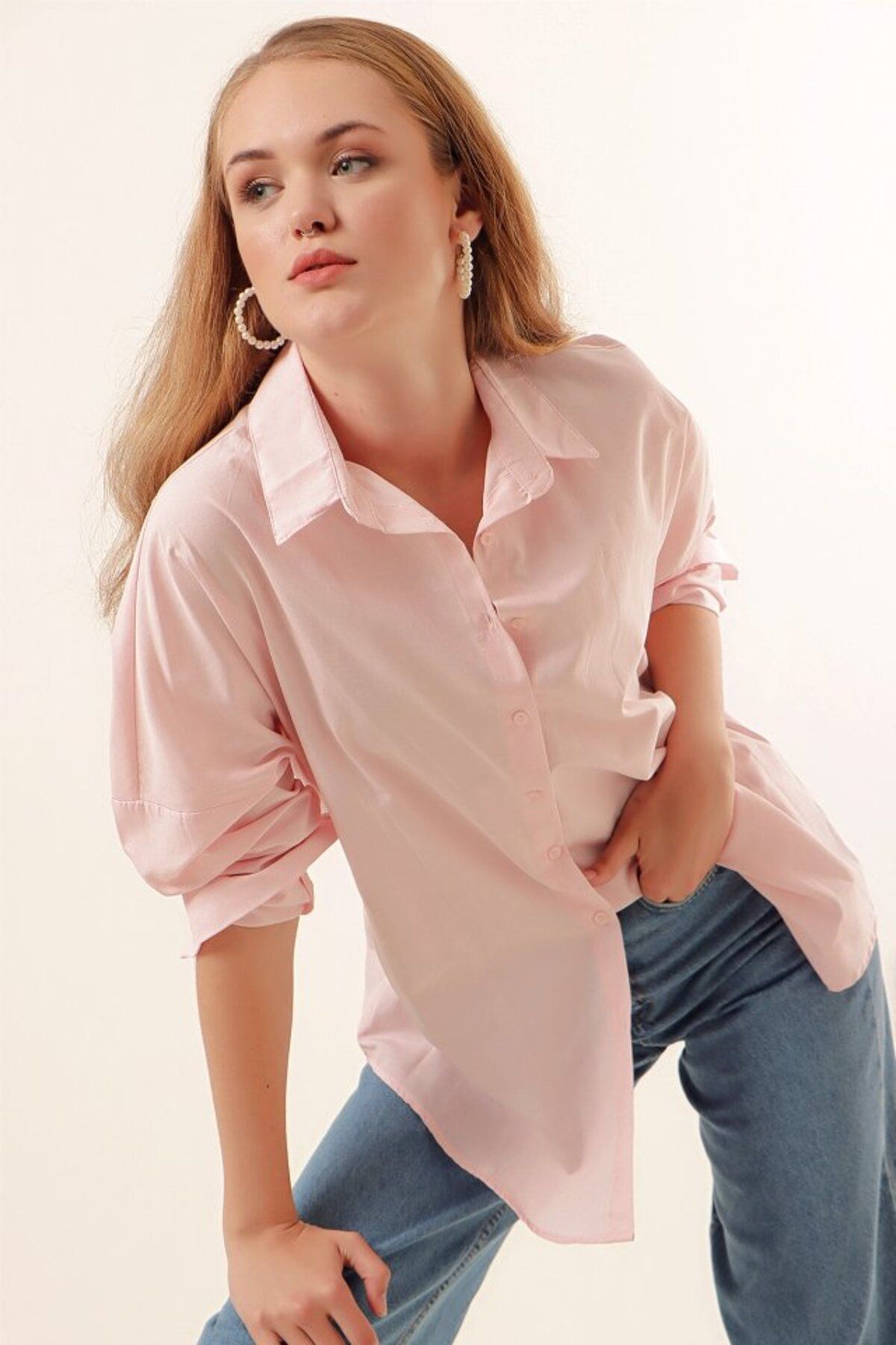 ARUZ MODA 3900 Oversize Uzun Basic Gömlek - Pudra