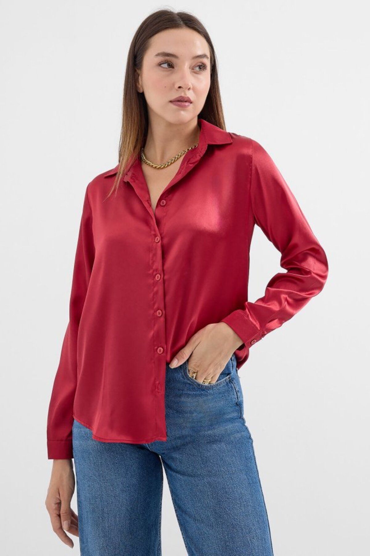 ARUZ MODA 3964 Hafif Dökümlü Saten Gömlek - A.Bordo