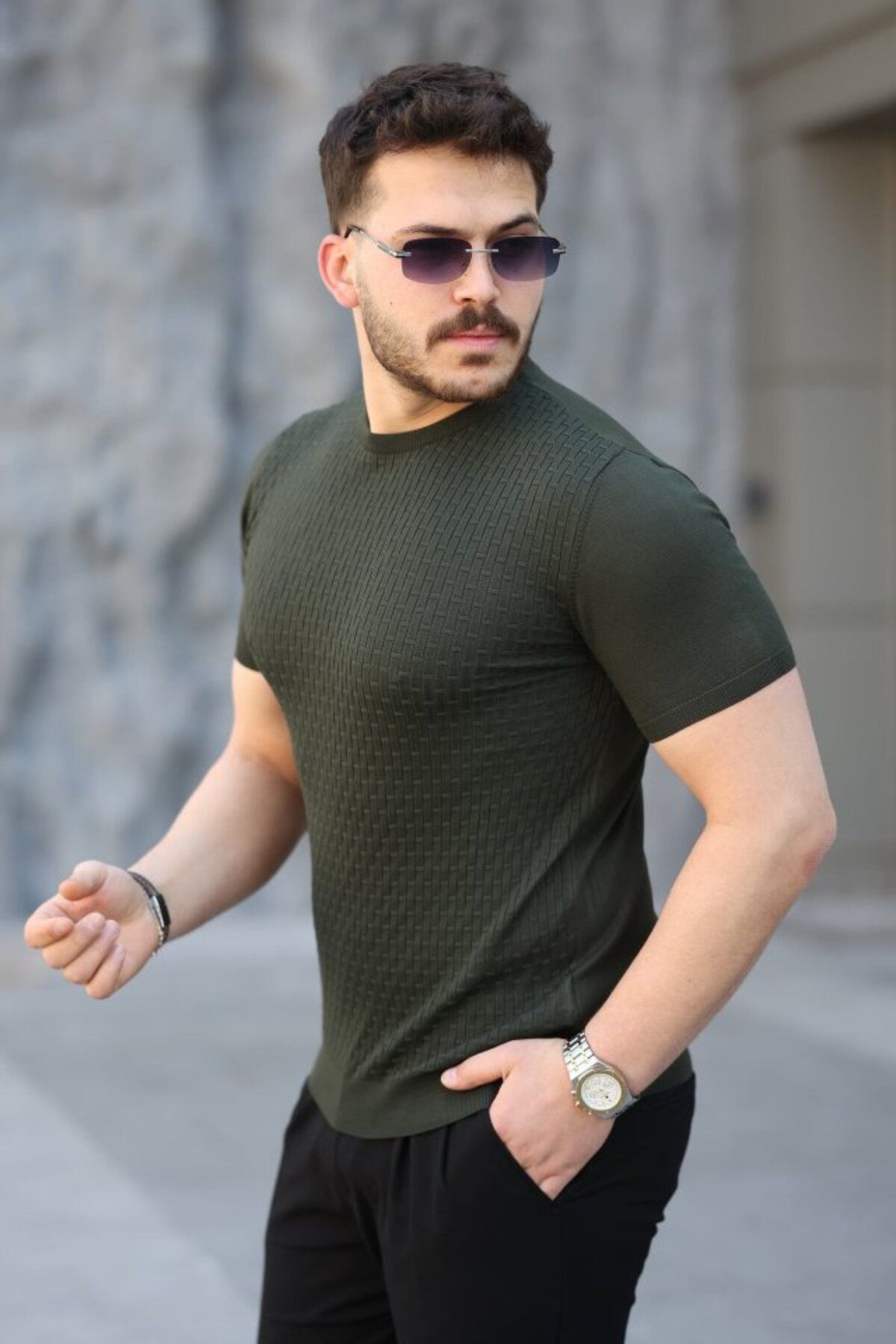 ARUZ MODA Erkek Viskon Kumaş Bisiklet Yaka Desenli Tişört