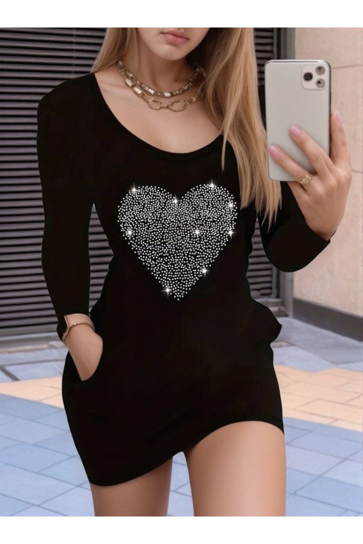 ARUZ MODA Kadın Uzun Kollu Yuvarlak Yaka Taşlı Kalp Desenli Viskon Iki Iplik Elbise