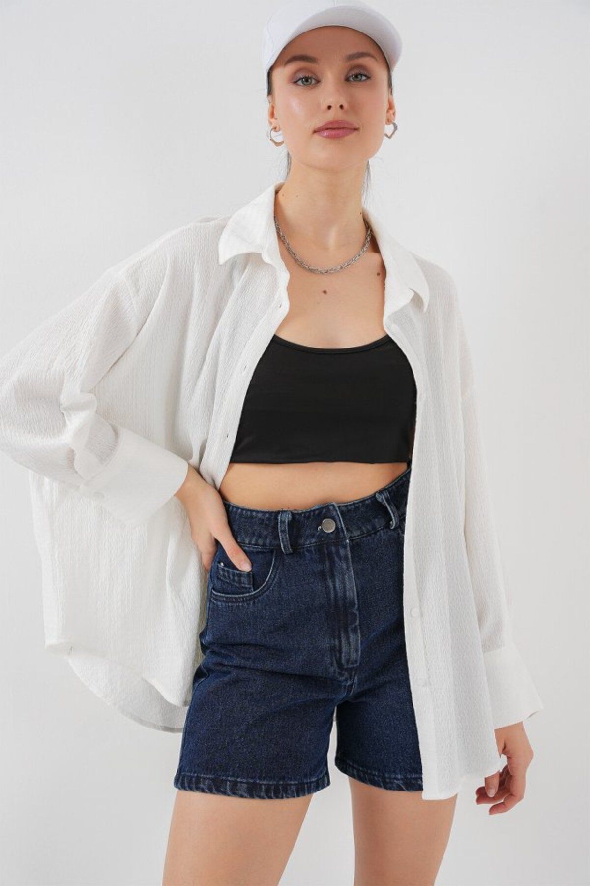 ARUZ MODA Örme Oversize Gömlek 20264 - Beyaz