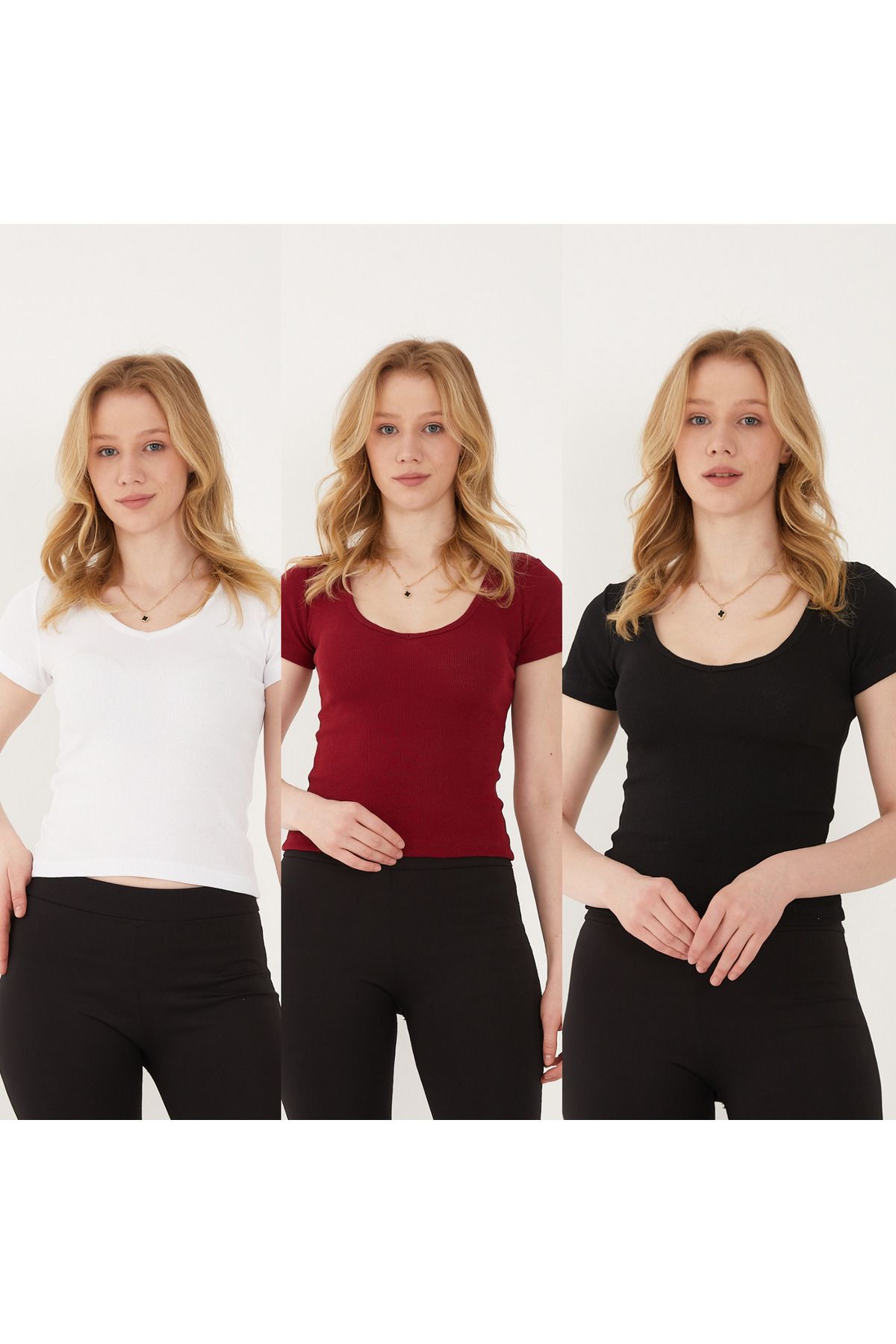 Wearflawless Kadın 3' lü Adet V Yaka Fitilli Kısa Kol T-Shirt, Bluz